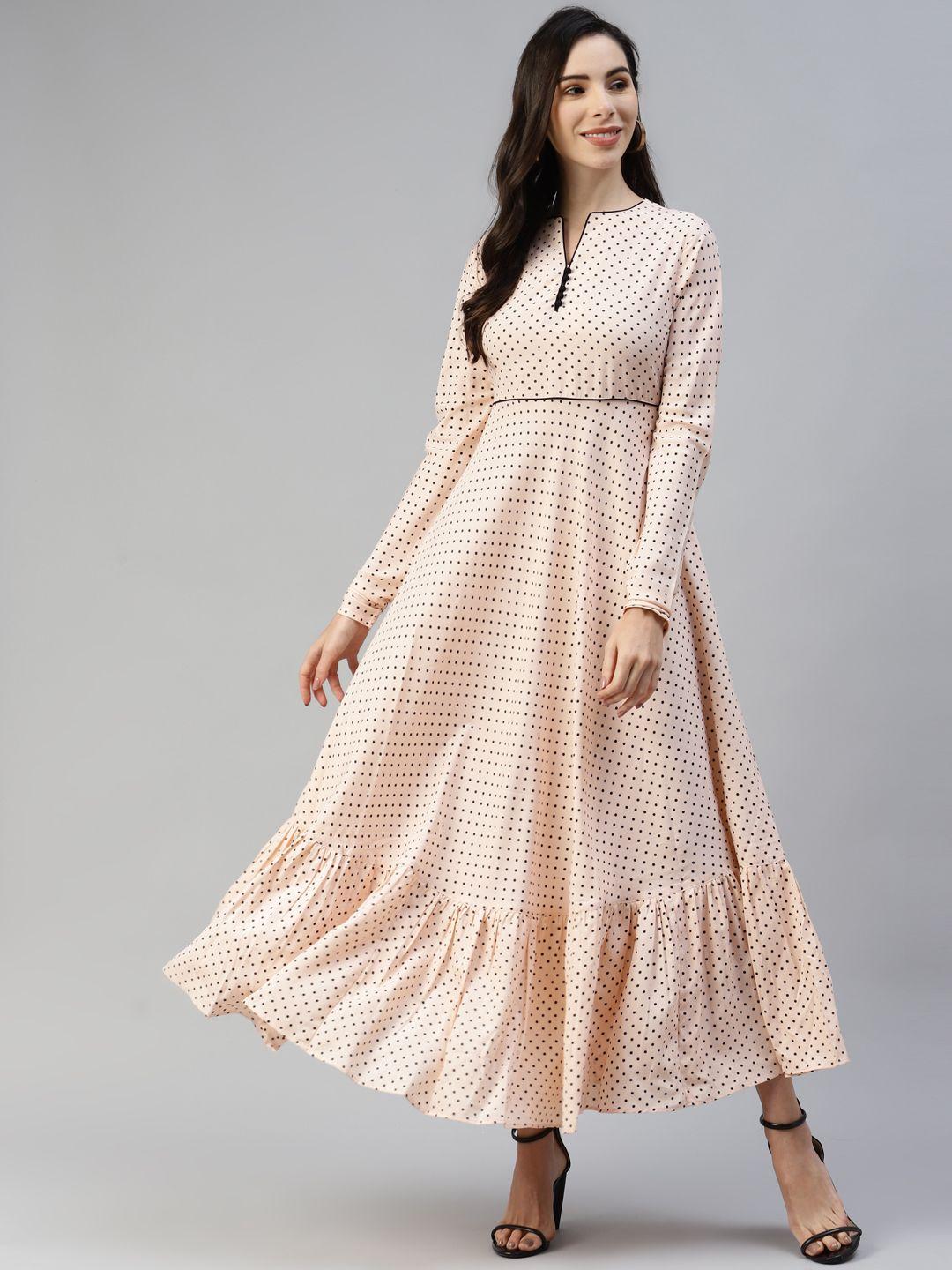 mbe peach-coloured & black polka dots printed ethnic maxi dress