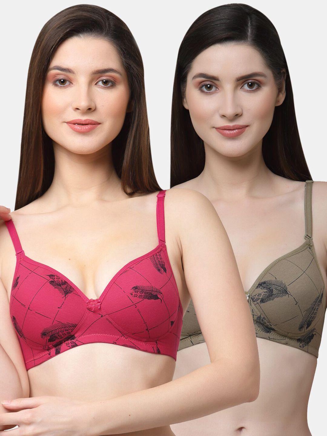 floret pack of 2 khaki & pink floral bra lightly padded