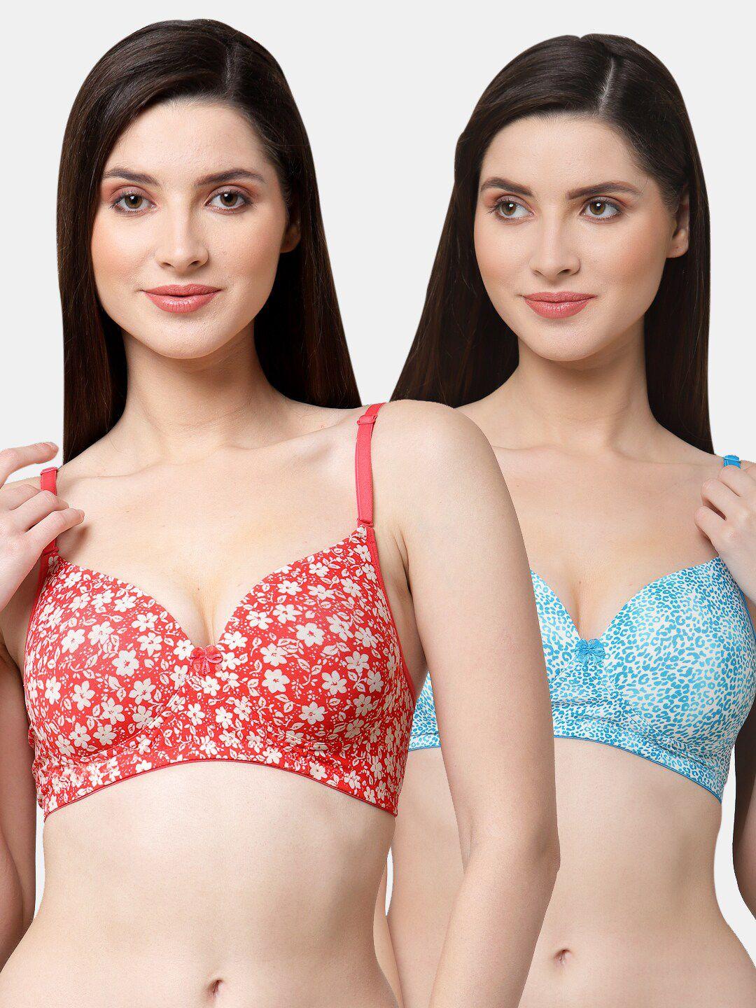 floret rose & blue pack of 2 animal printed lightly padded non-wired push-up bra