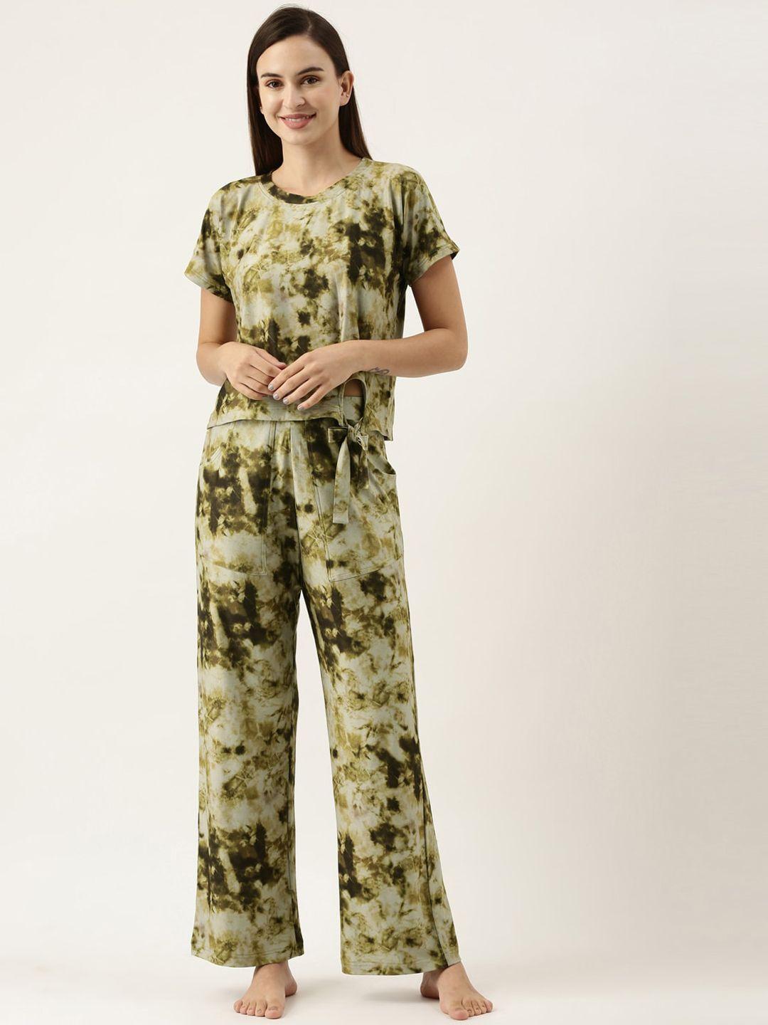 bannos swagger women olive green tie and dye printed co-ord set