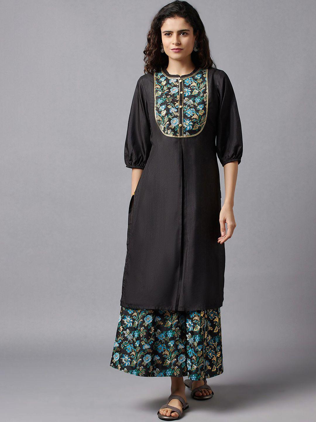 aurelia women black floral embroidered kurta with palazzos