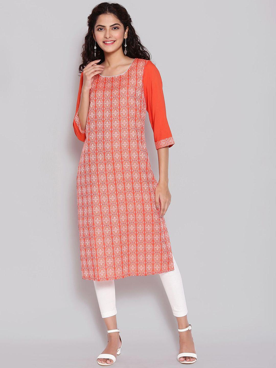 aurelia women orange & white ethnic motifs printed cotton kurta