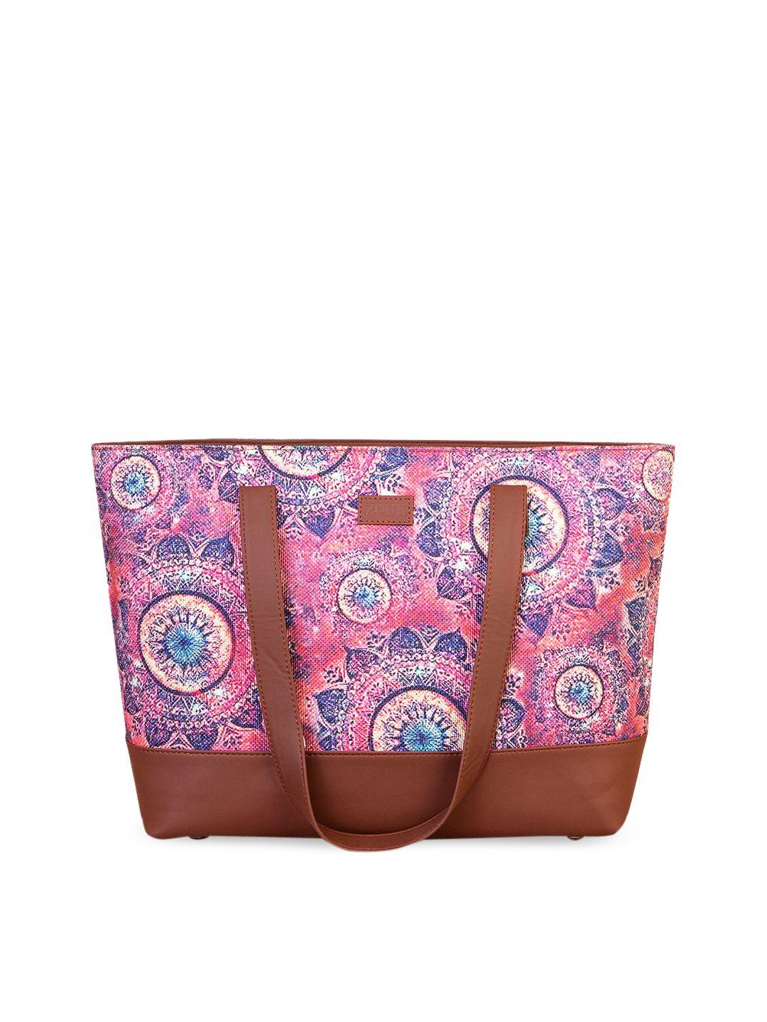 zouk pink ethnic motifs printed structured tote bag