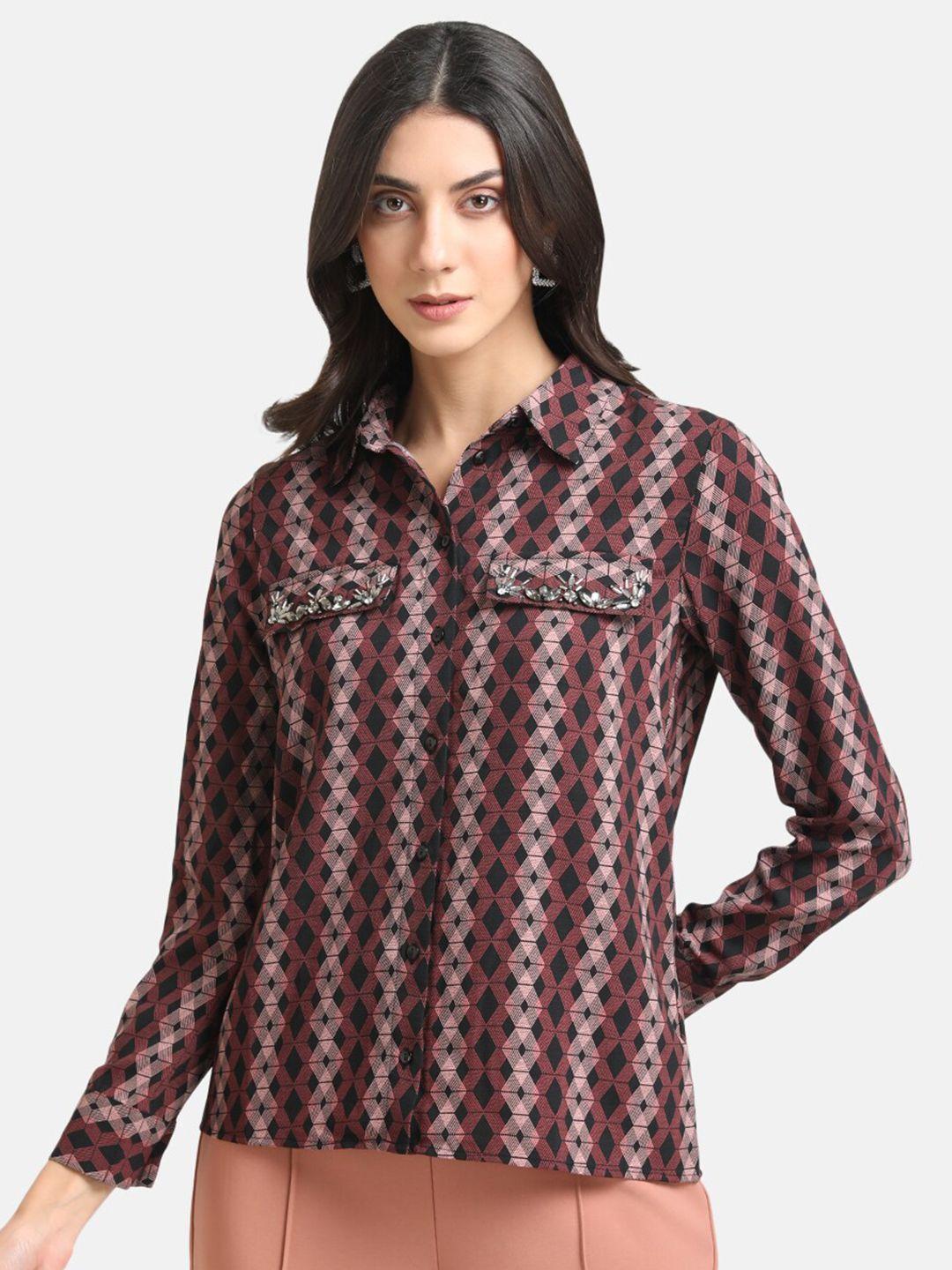 kazo women rust printed casual shirt with embellished pocket flaps