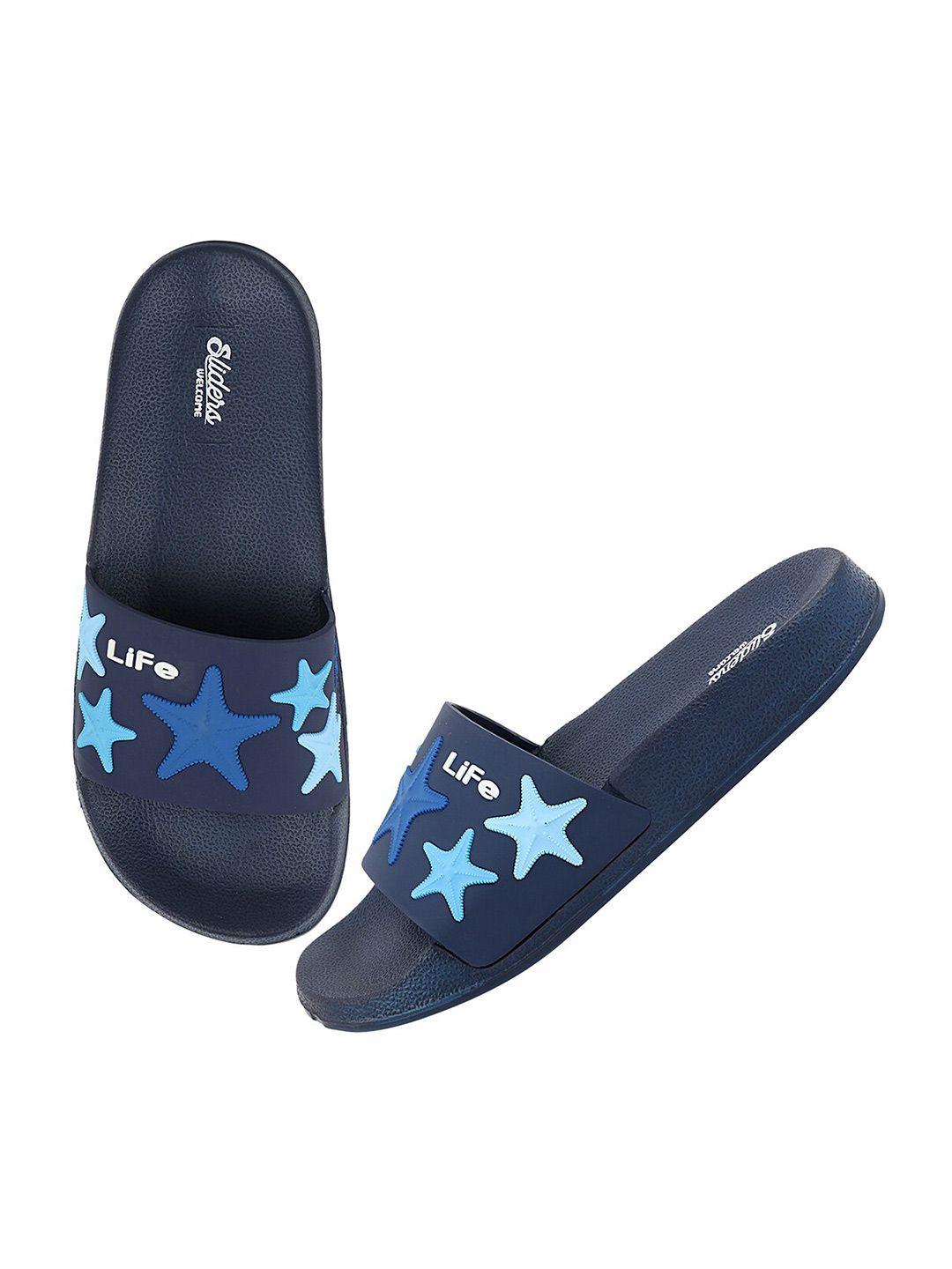 welcome women blue & white printed sliders