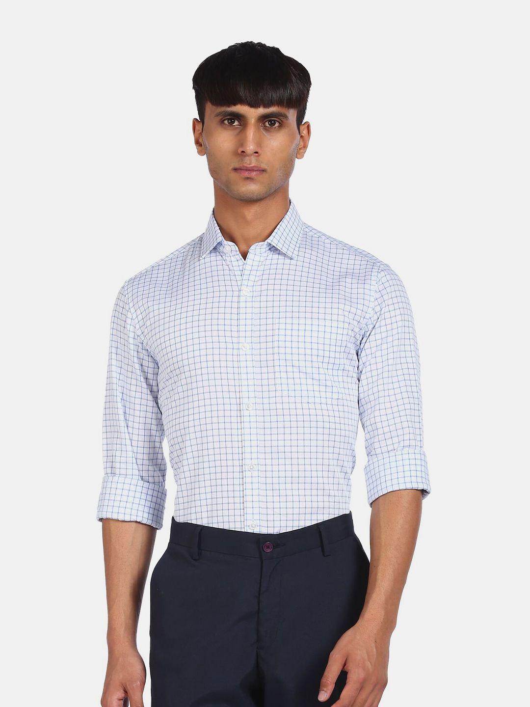 excalibur men blue & white checked cotton formal shirt