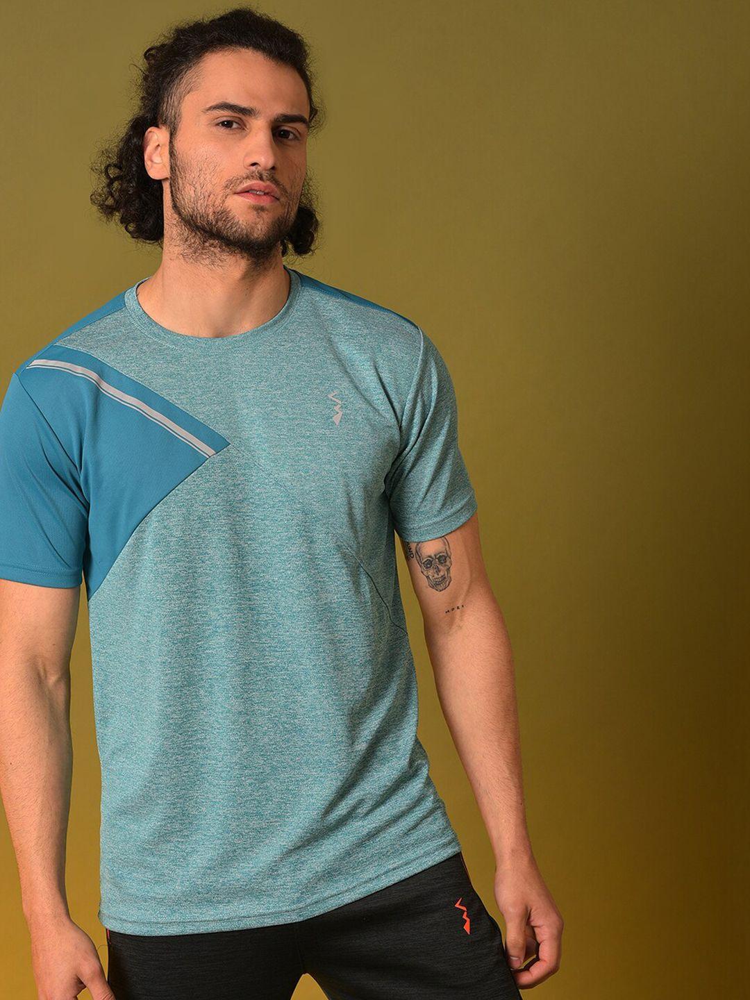 campus sutra men teal green & blue colourblocked sports t-shirt