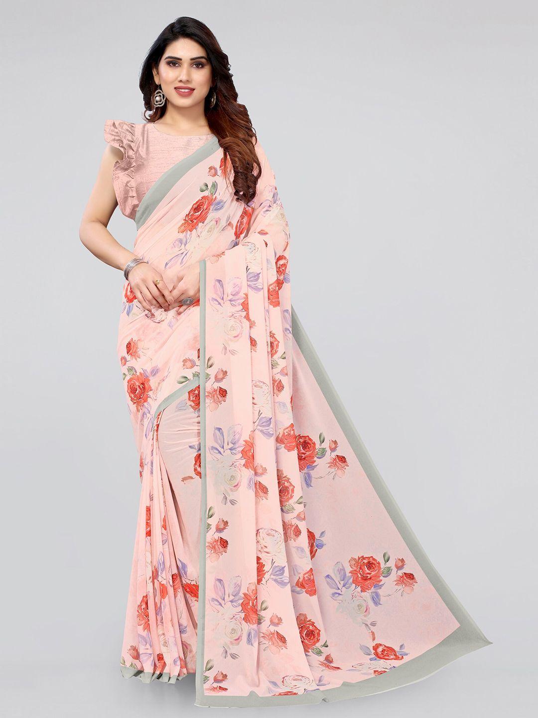 mirchi fashion peach-coloured & red floral printed saree