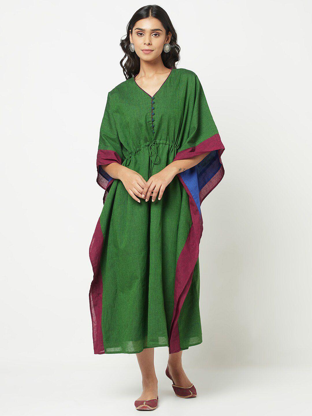 fabindia women green kaftan midi dress