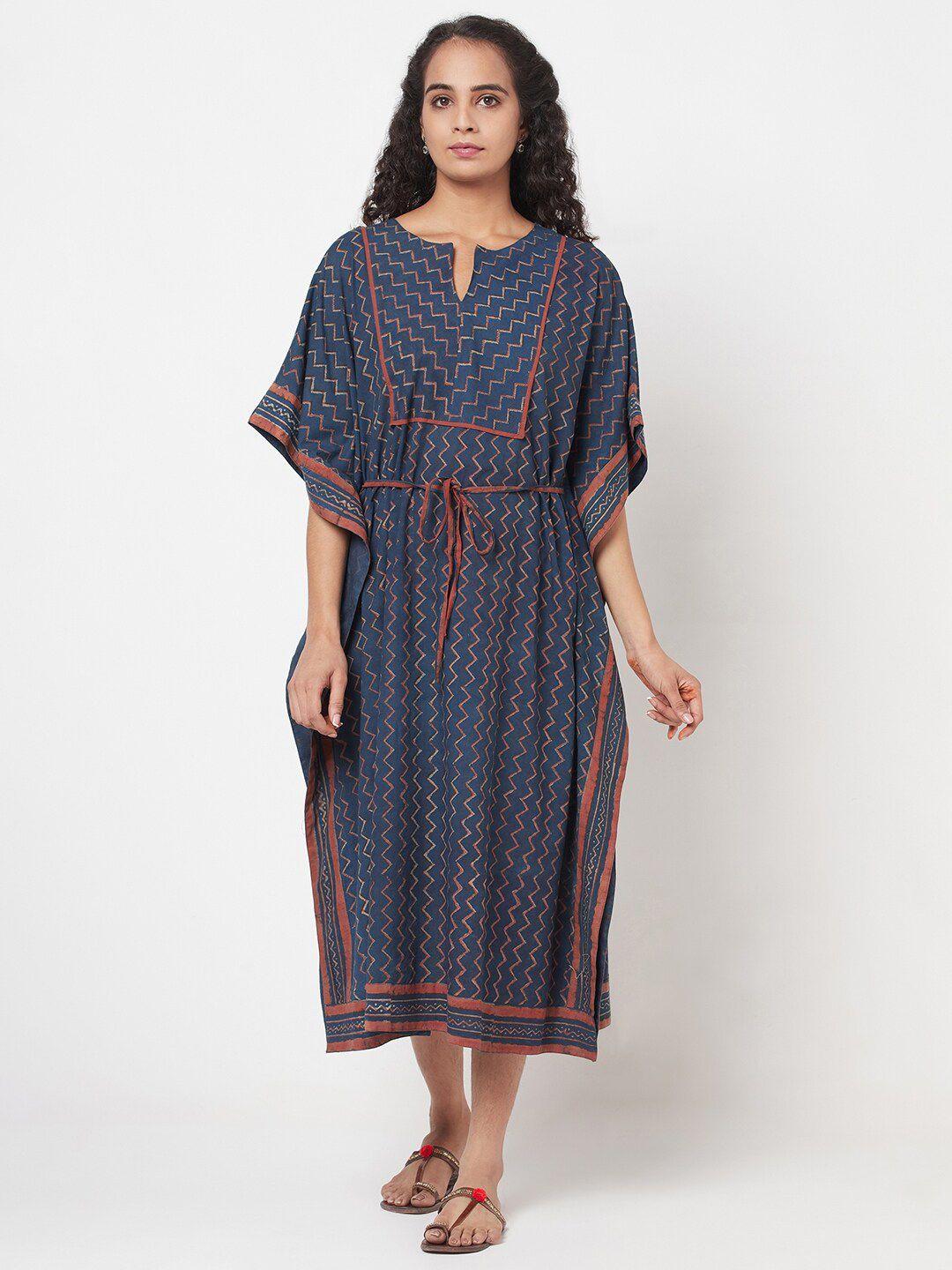 fabindia blue & red ethnic motifs keyhole neck cotton kaftan midi dress