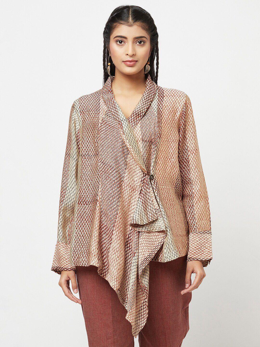 fabindia beige & brown animal skin printed pure silk wrap top