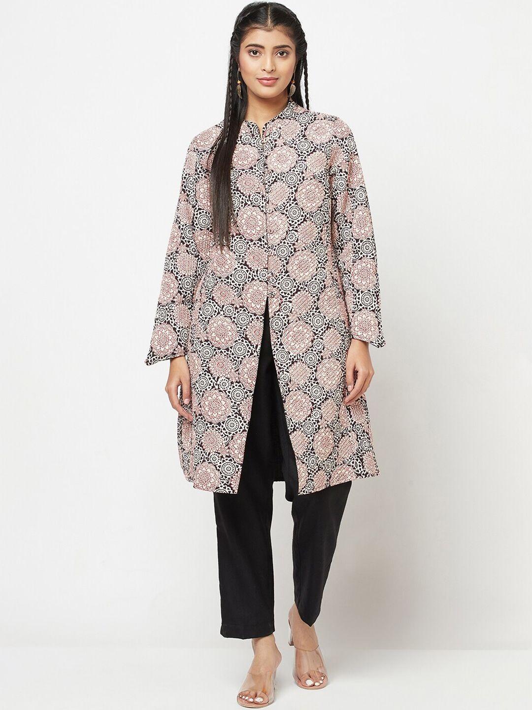 fabindia women black & beige floral longline cotton tailored jacket