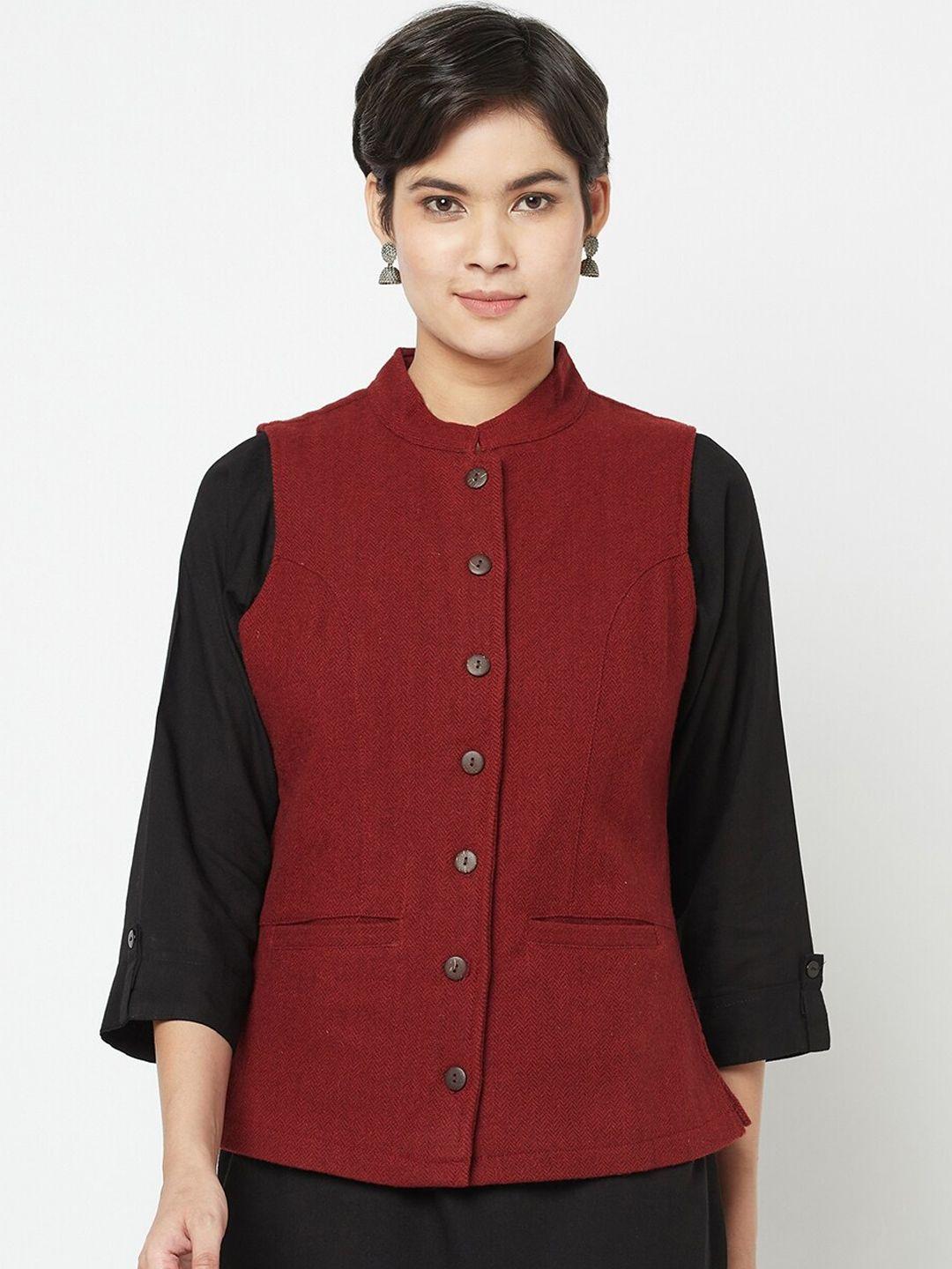 fabindia women rust self design wool tailored jacket