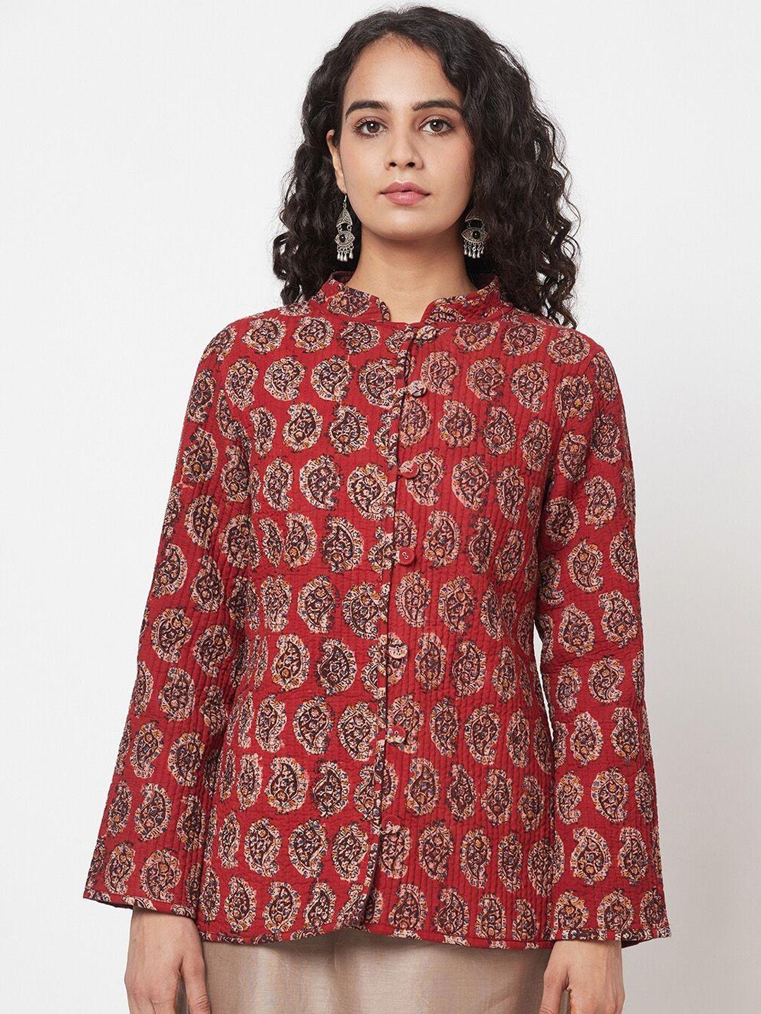 fabindia women maroon floral tailored jacket