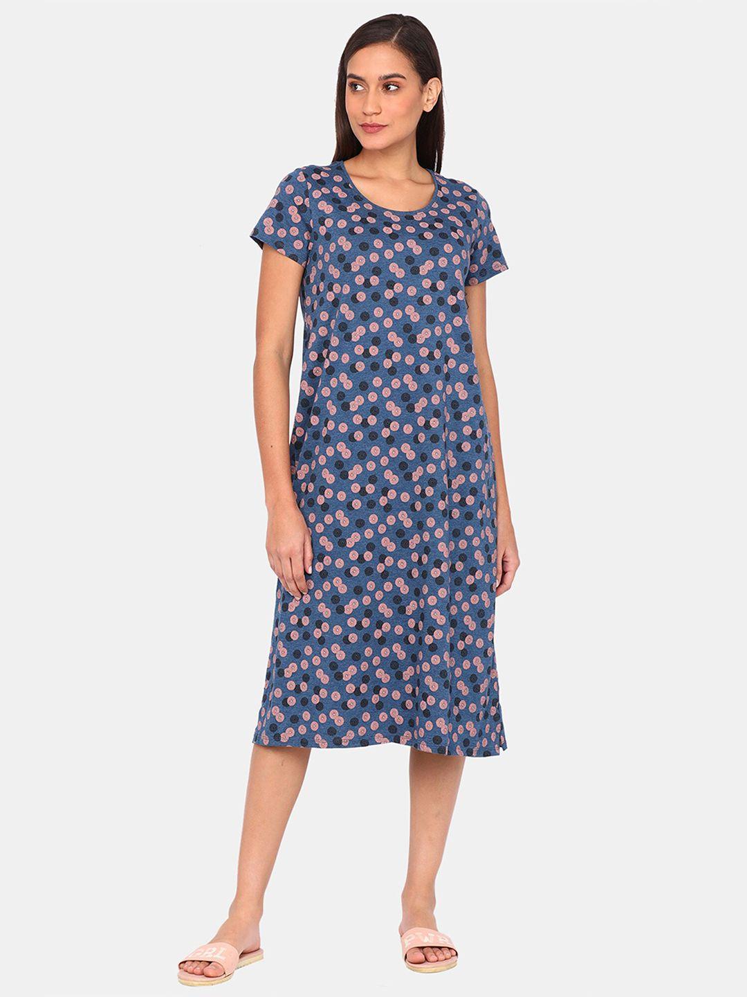 rosaline by zivame women blue & pink polka dots printed midi nightdress