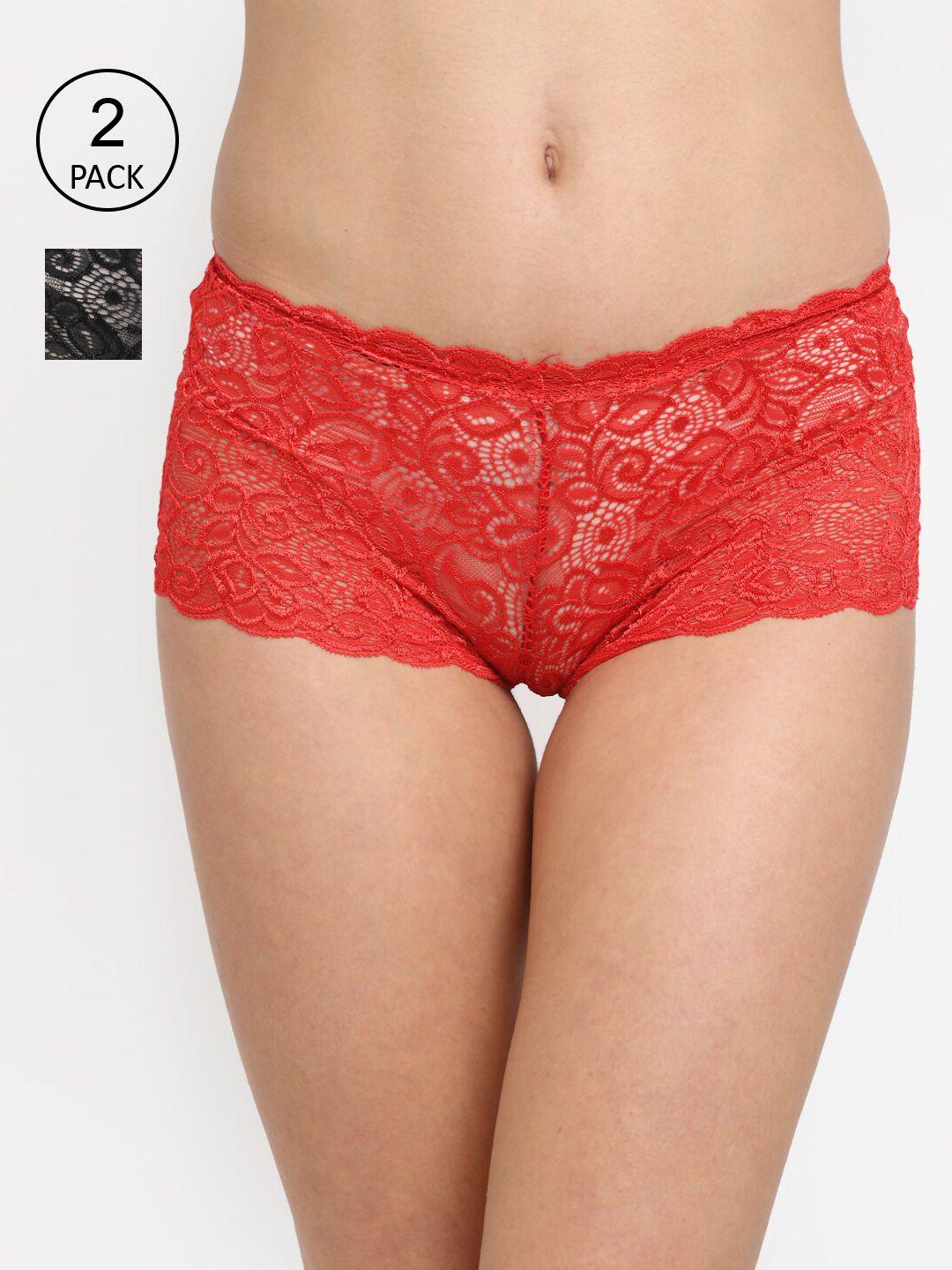 friskers women pack of 2 red & black cotton lace design boxer-style briefs