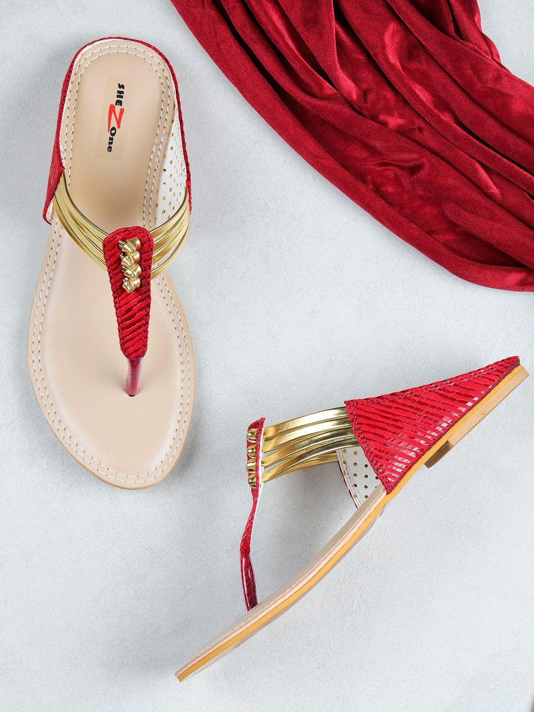 shezone women red & gold-toned ethnic embellished t-strap flats