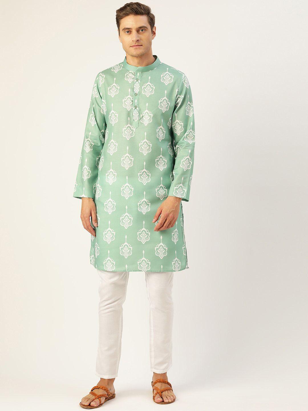 molly & michel men green & white cotton printed kurta