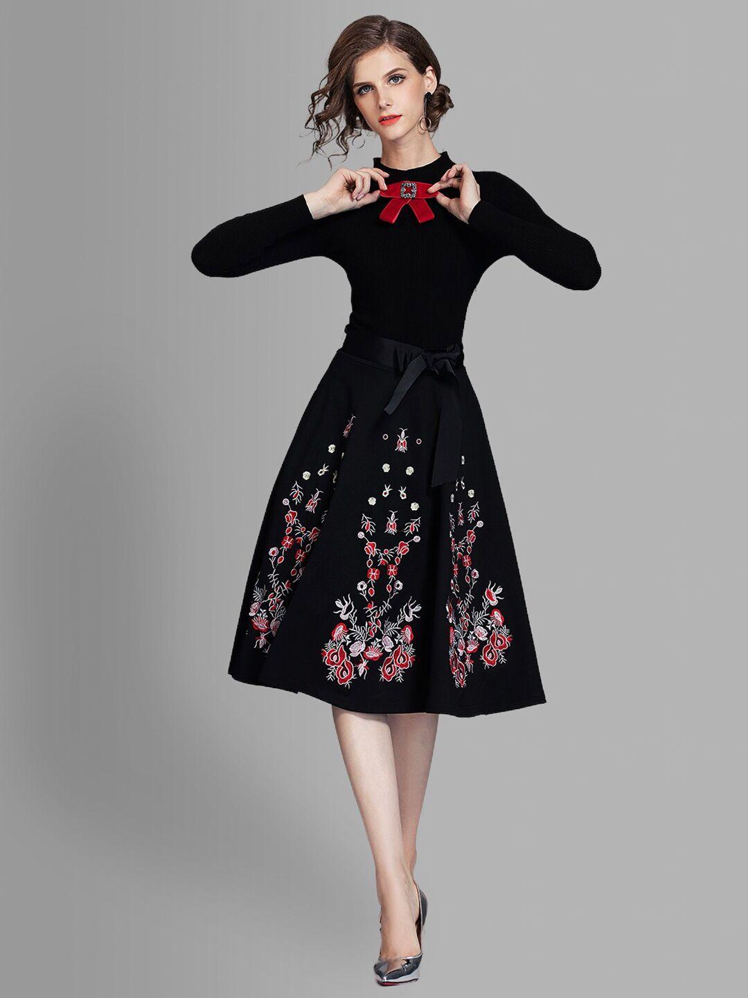 jc collection women black & red floral embroidered tie-up neck dress