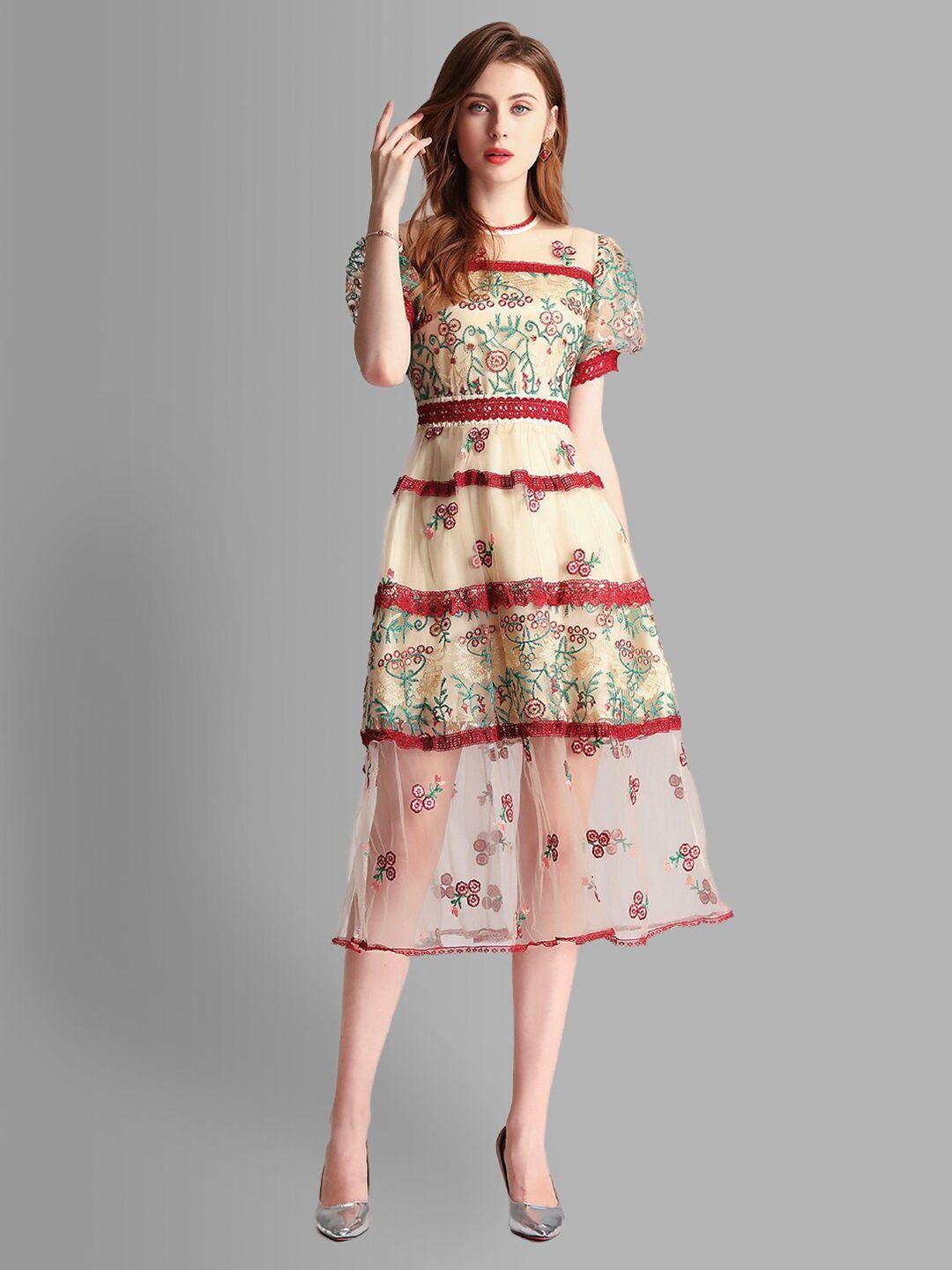 jc collection women cream-coloured & red ethnic motifs embroidered midi dress