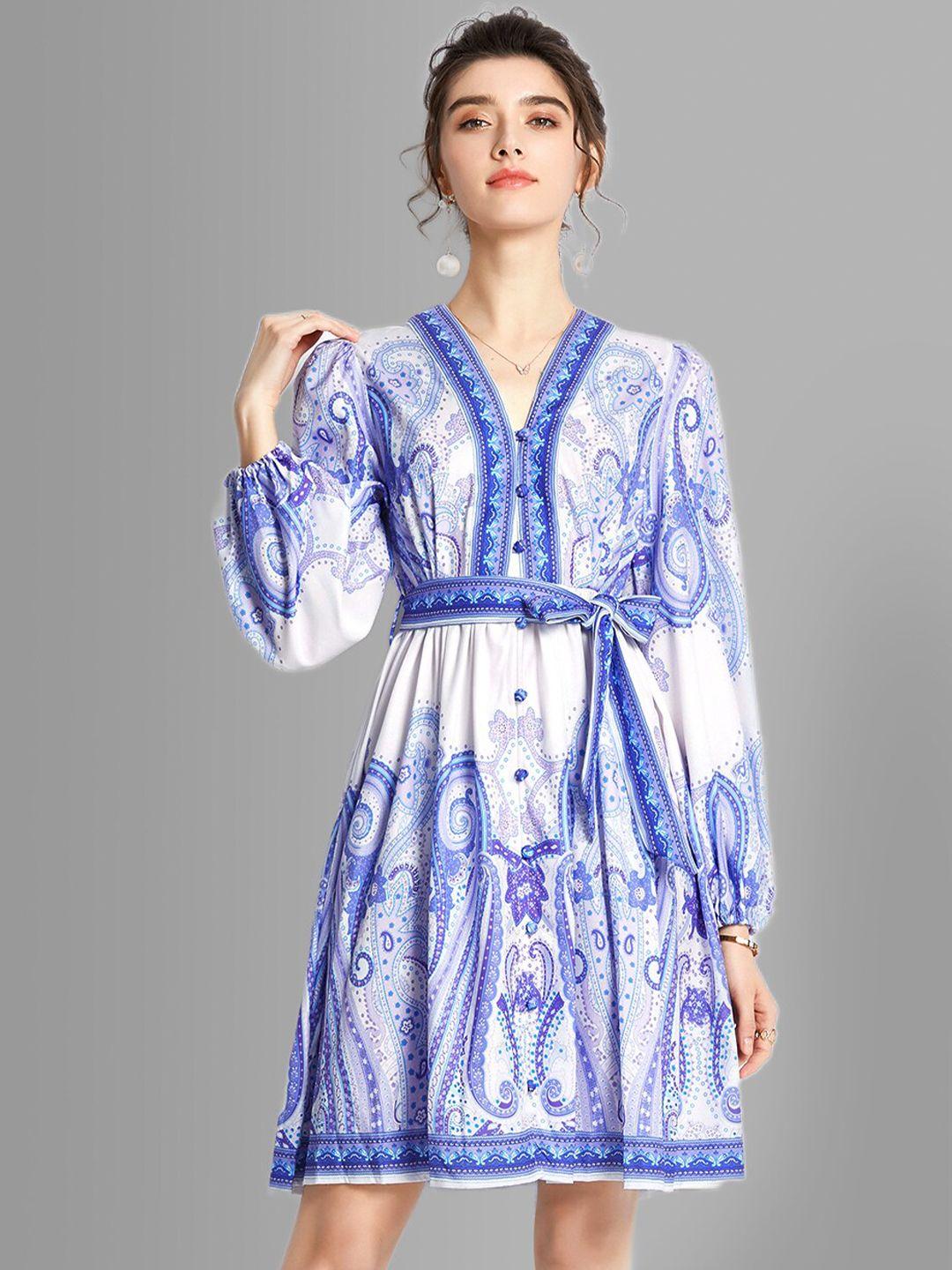 jc collection blue & white ethnic motifs belted dress