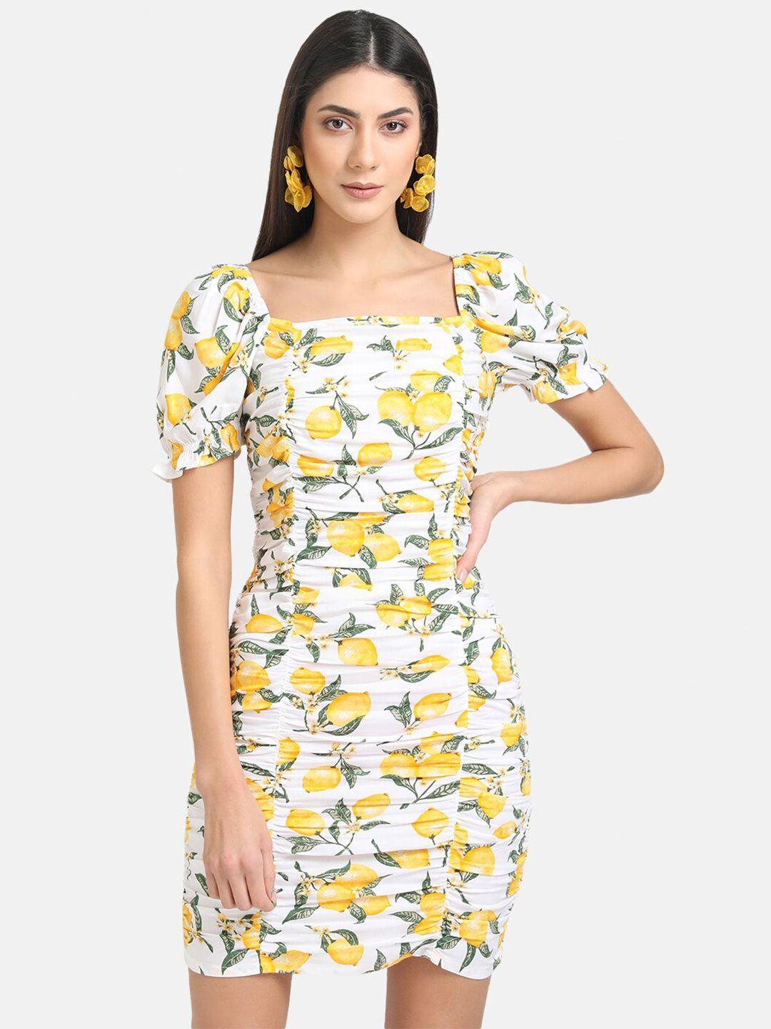 kazo women white & yellow printed chiffon ruched sheath dress