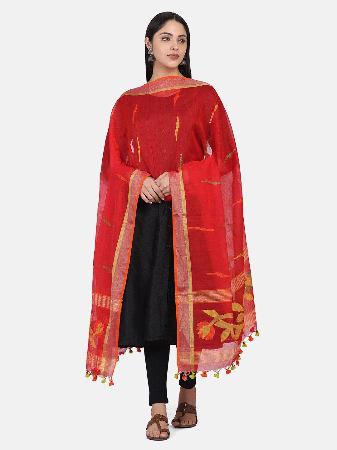 the weave traveller red & yellow ethnic motifs woven design dupatta with zari