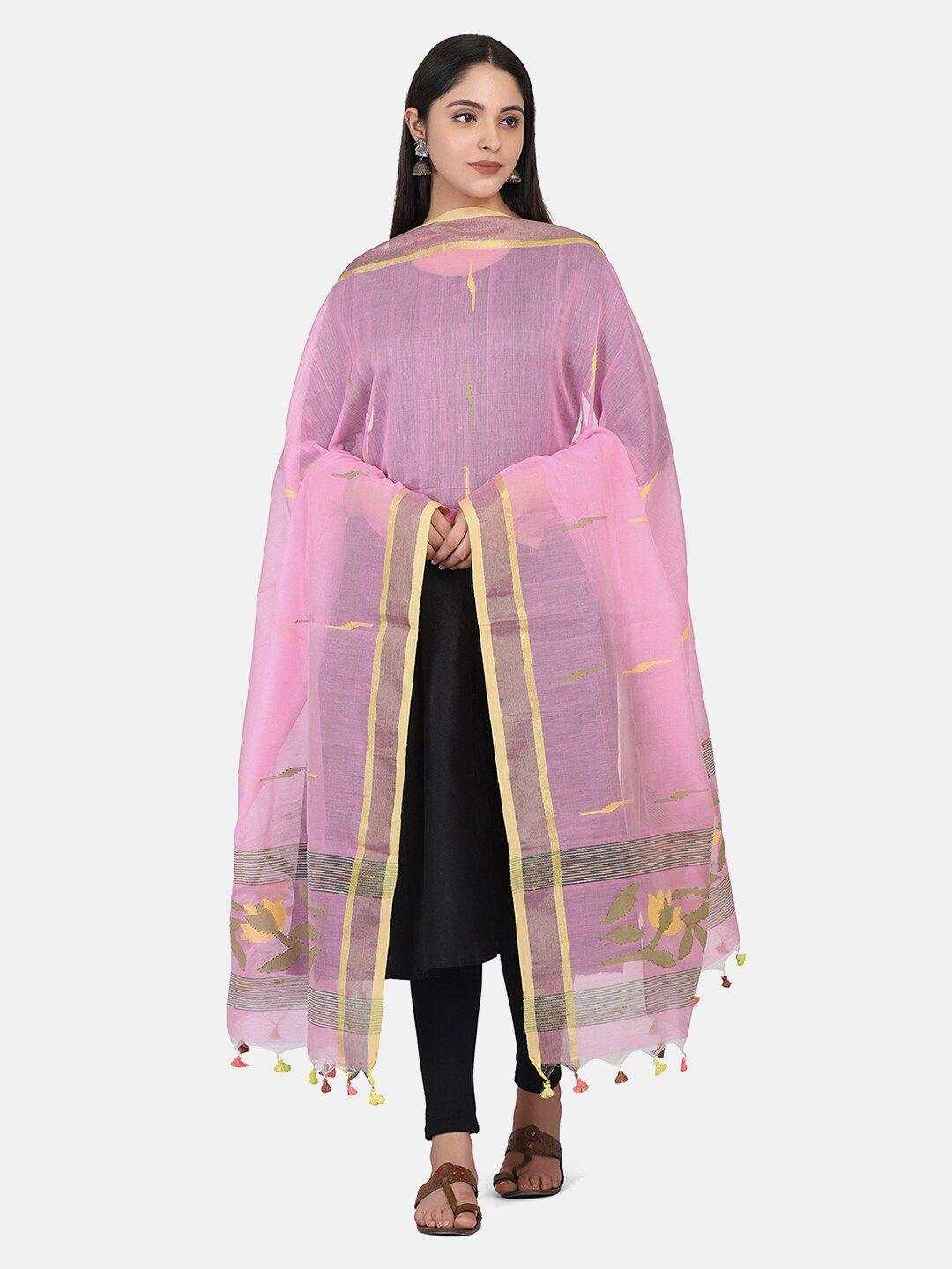 the weave traveller pink & yellow woven design dupatta with zari