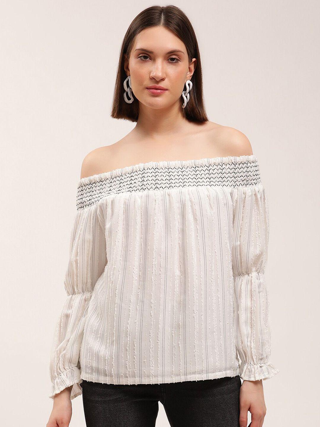 elle white striped off-shoulder bardot top