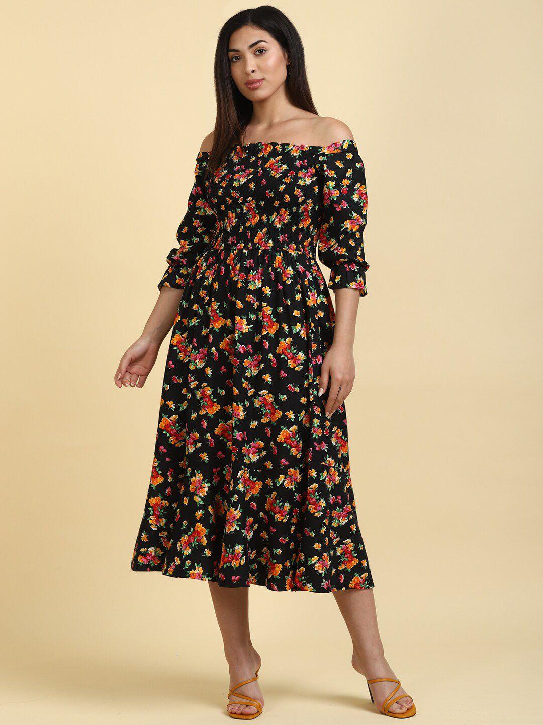 deebaco black & pink floral off-shoulder midi dress