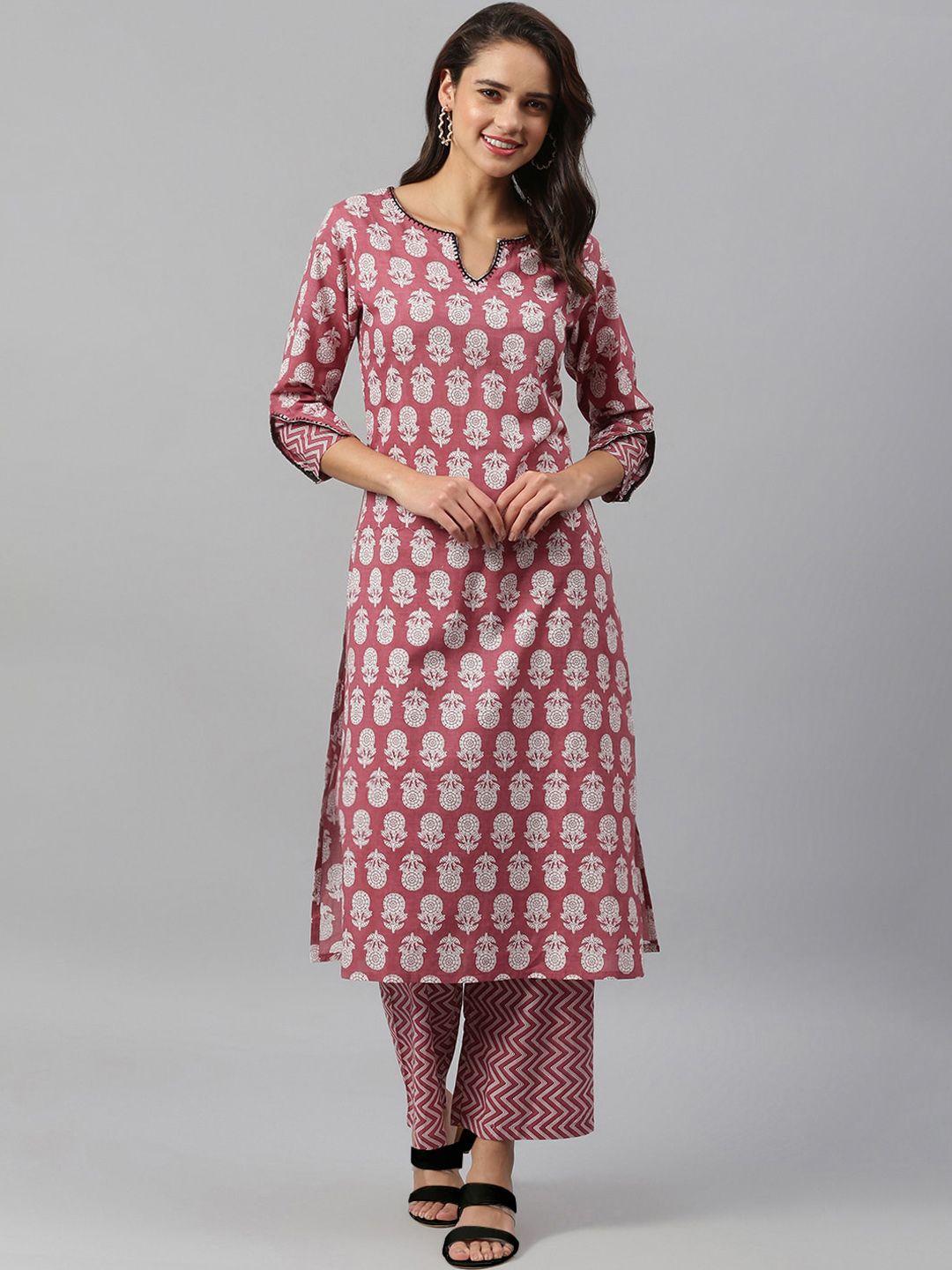 azira women pink floral printed pure cotton a-line kurta with palazzos