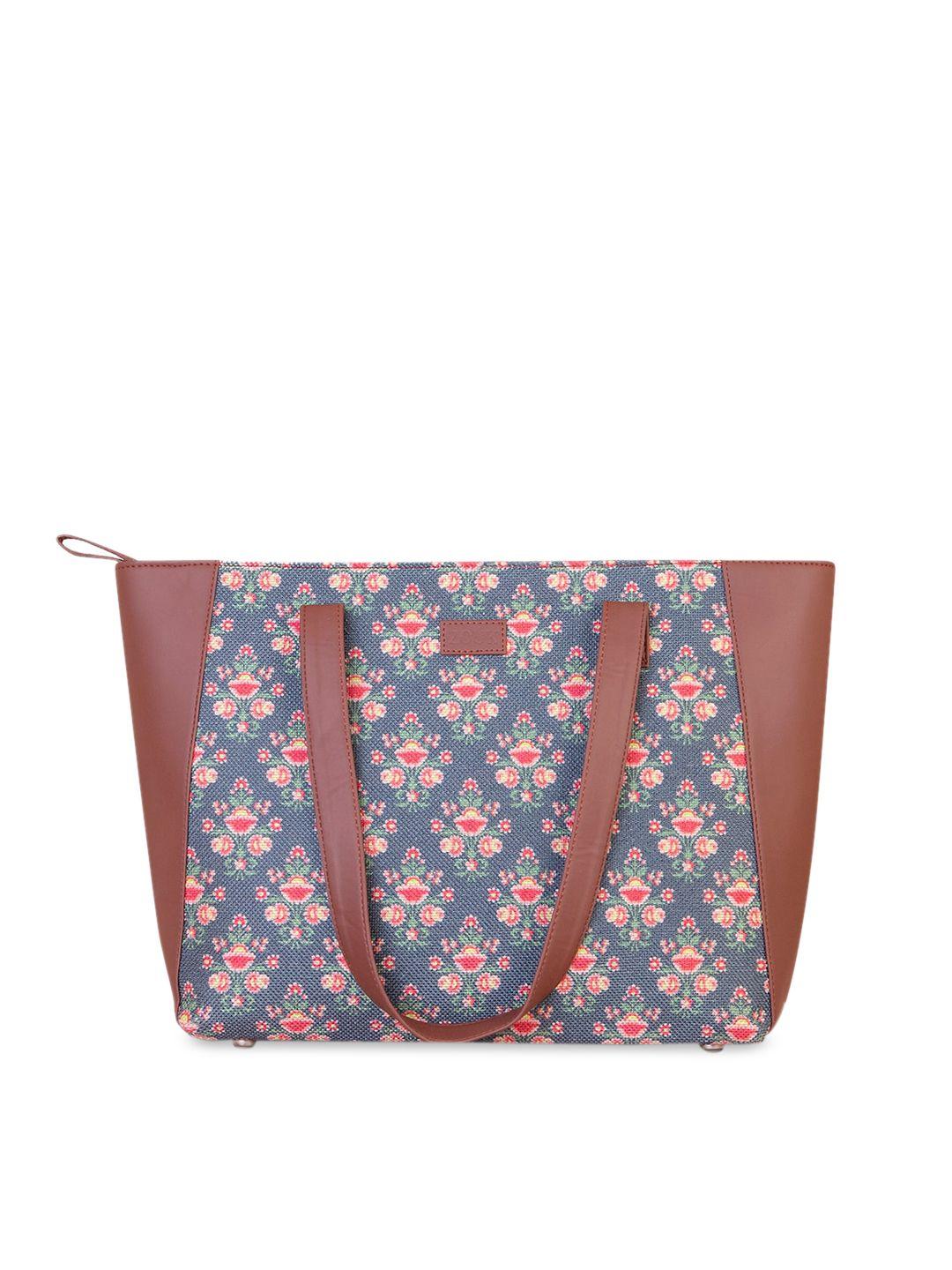 zouk navy blue floral printed shopper tote bag