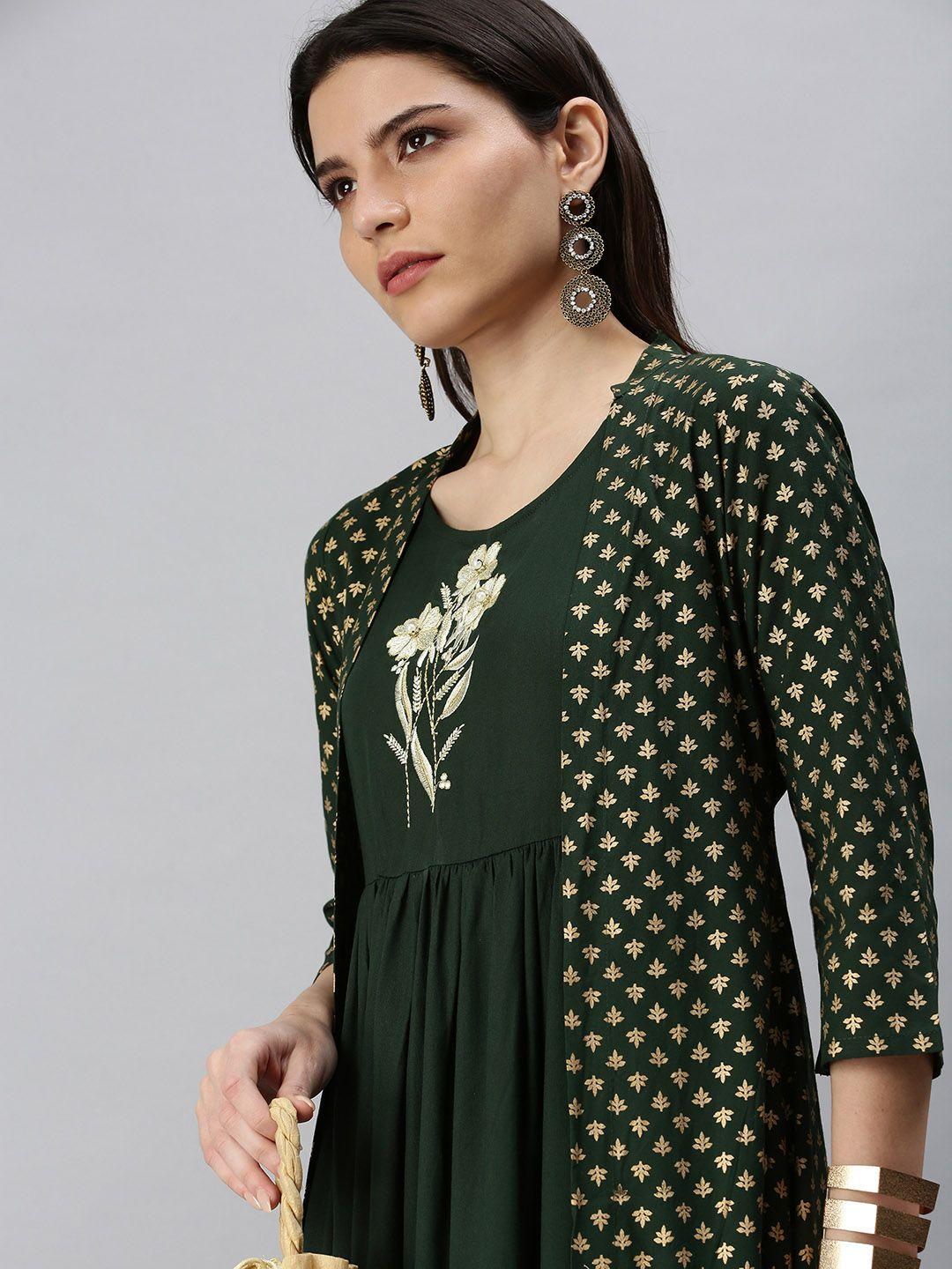 showoff olive green & golden yoke embroidered ethnic cotton a-line maxi dress with jacket