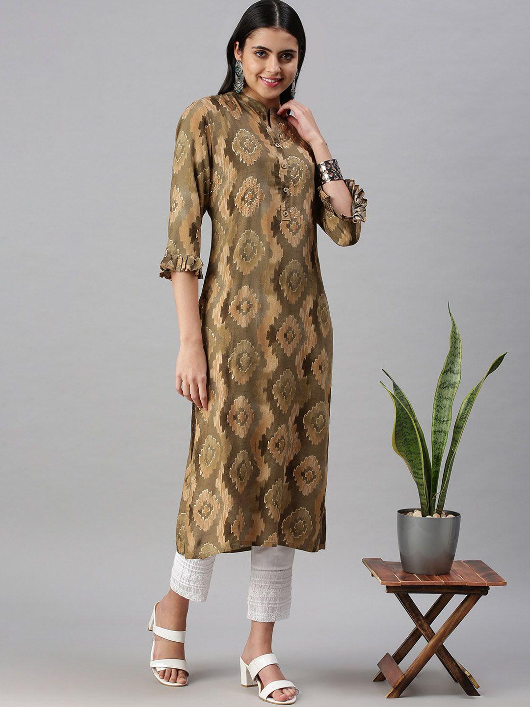 showoff women olive green geometric printed keyhole neck kurta