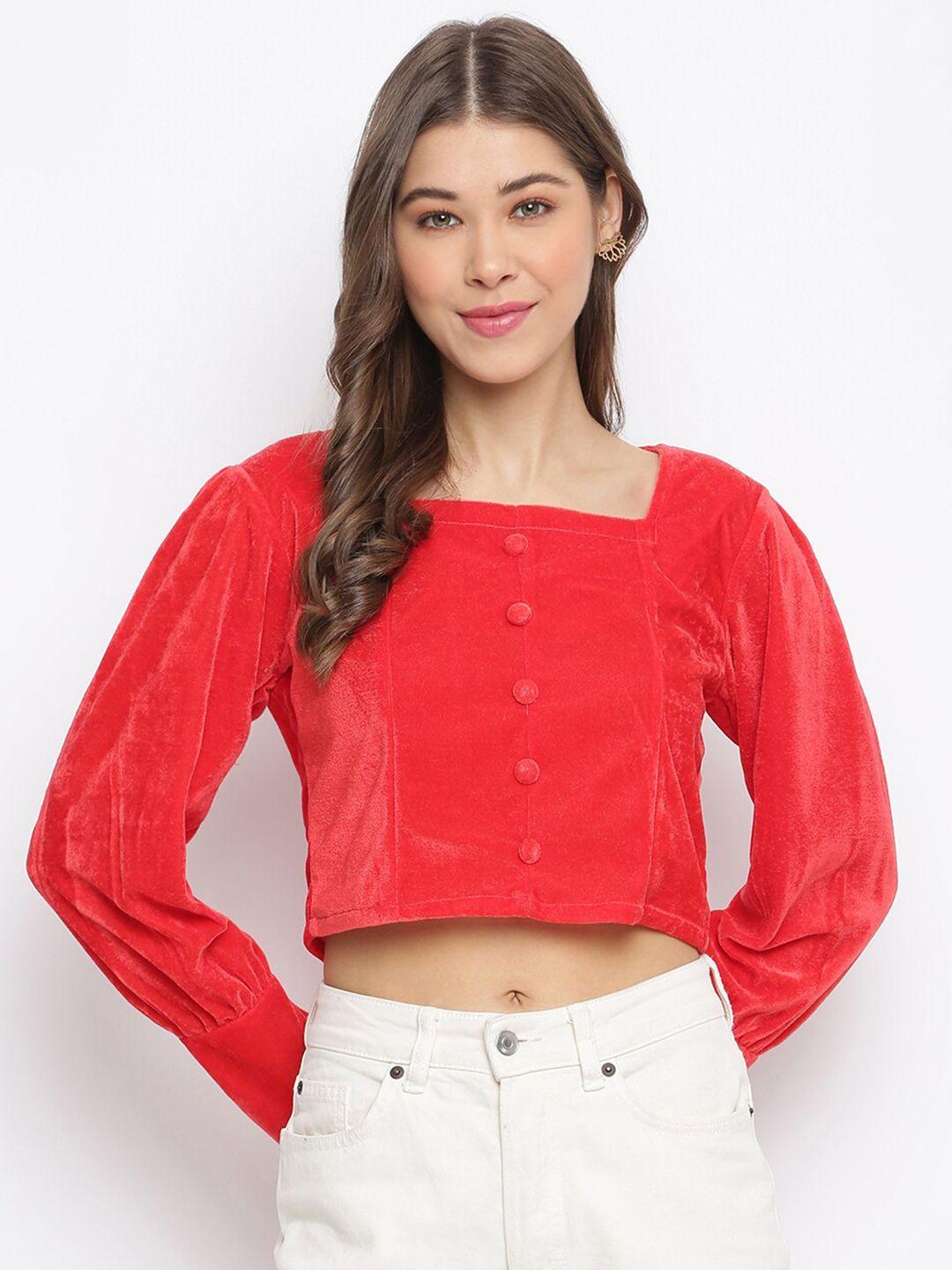 mayra red embellished velvet cuffed sleeves crop top