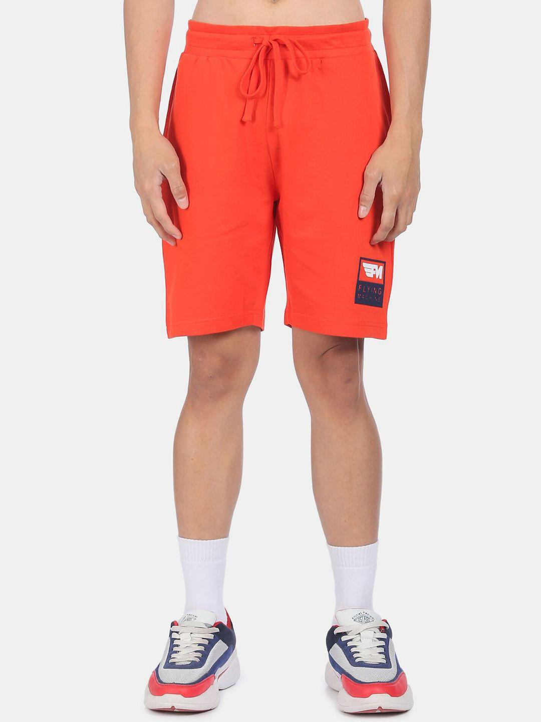 flying machine men orange regular fit solid cotton sports shorts