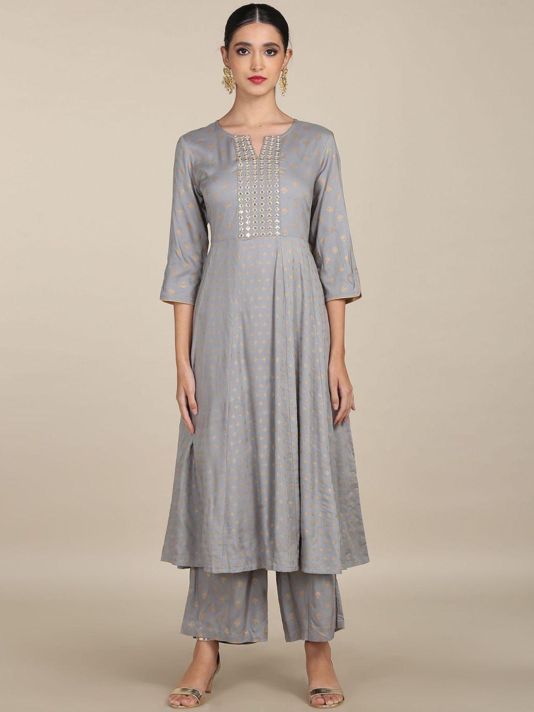 anahi women grey ethnic motifs printed a-line kurta with palazzos