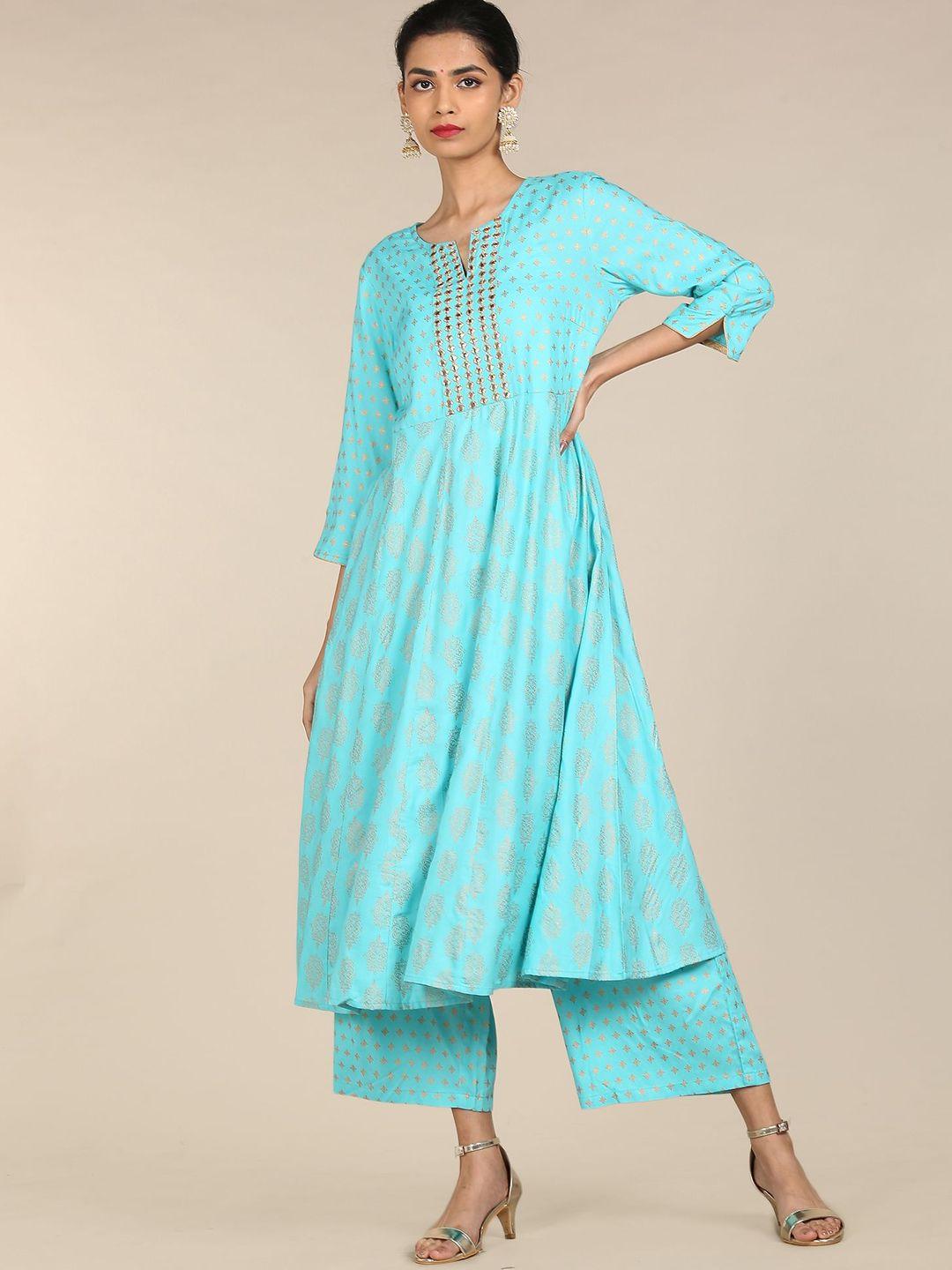 anahi women blue ethnic motifs yoke design pleated kurta with palazzos