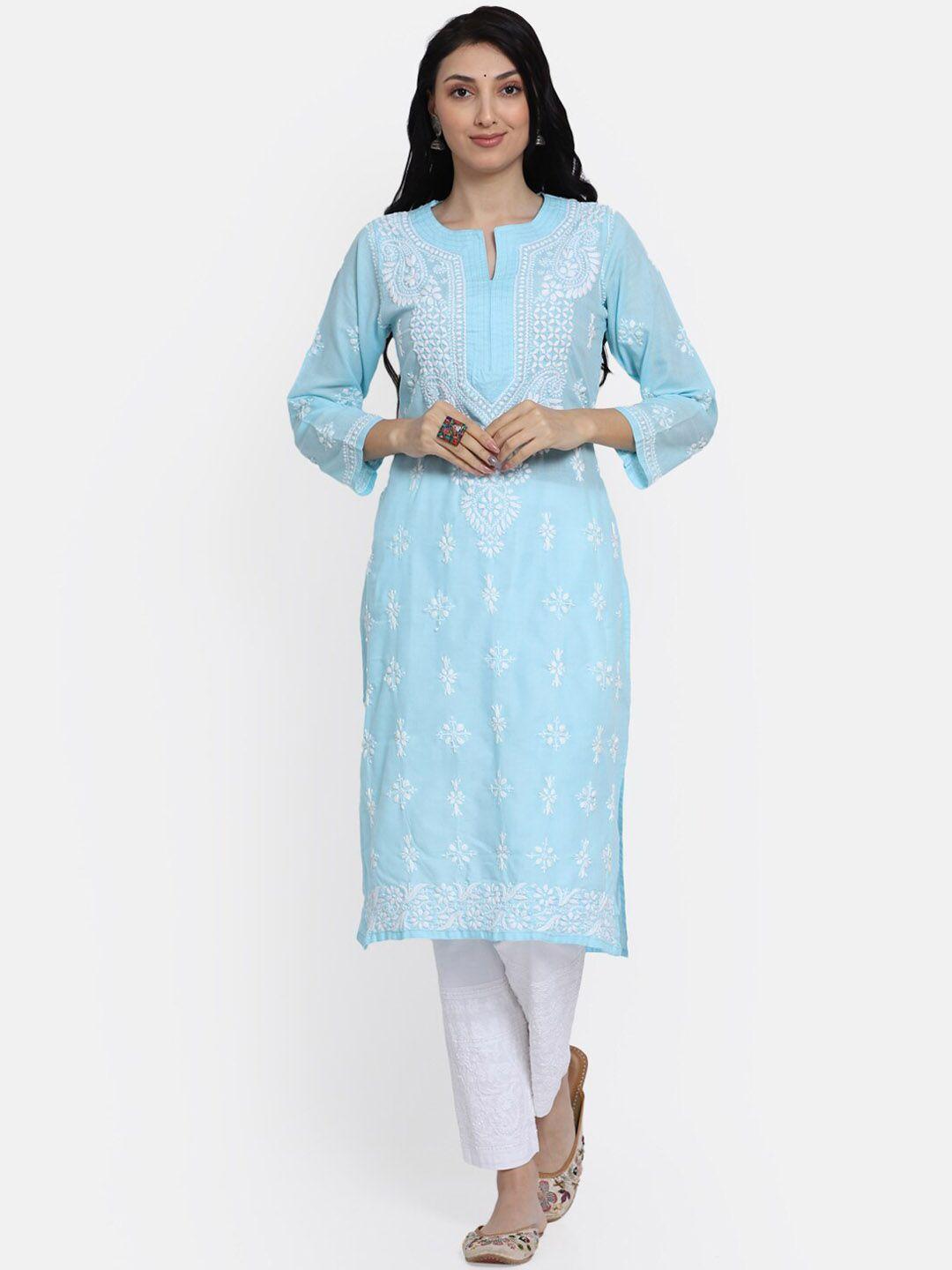 paramount chikan women turquoise blue ethnic motifs chikankari cotton kurta