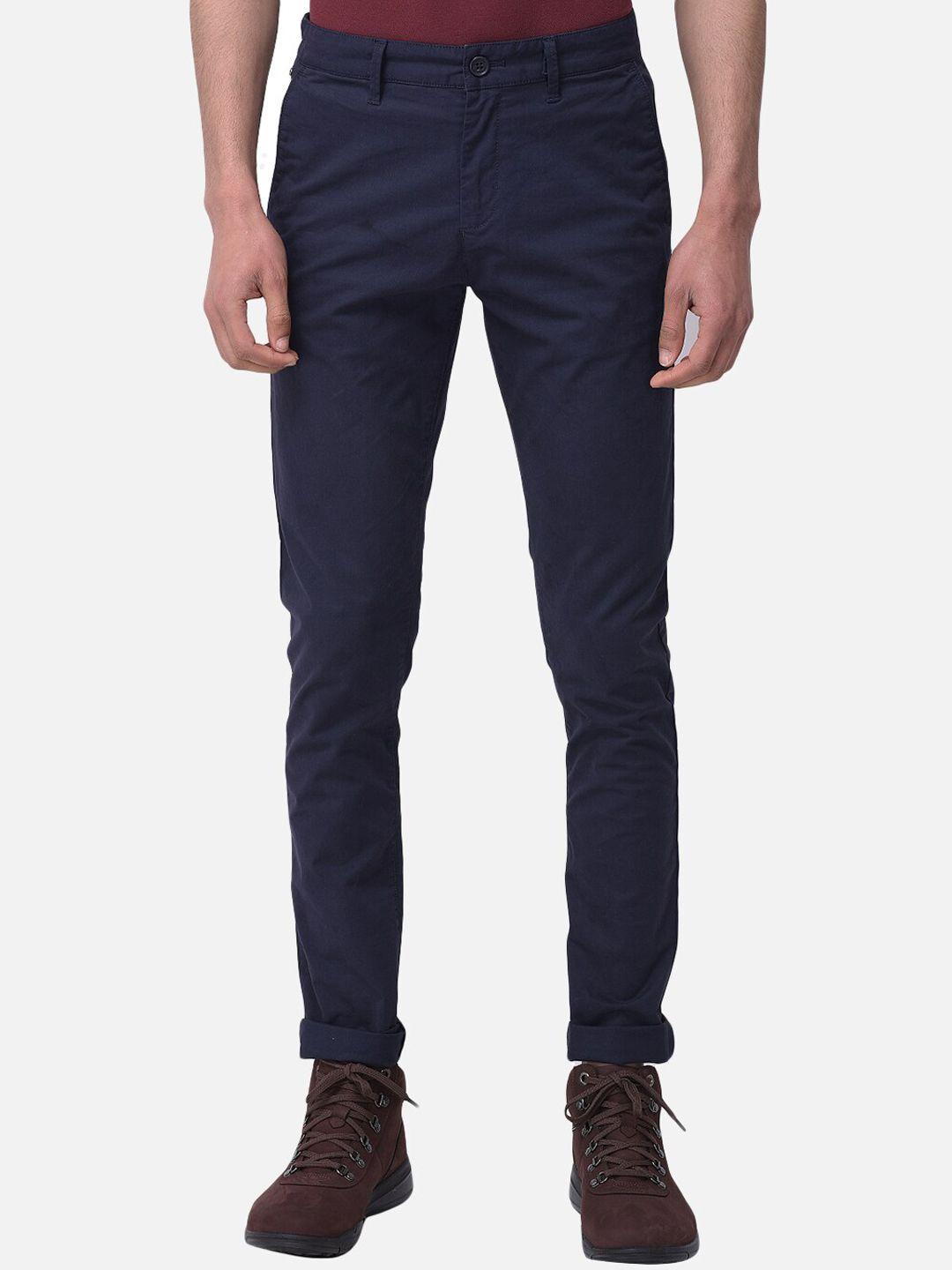 woodland men navy blue solid regular trousers