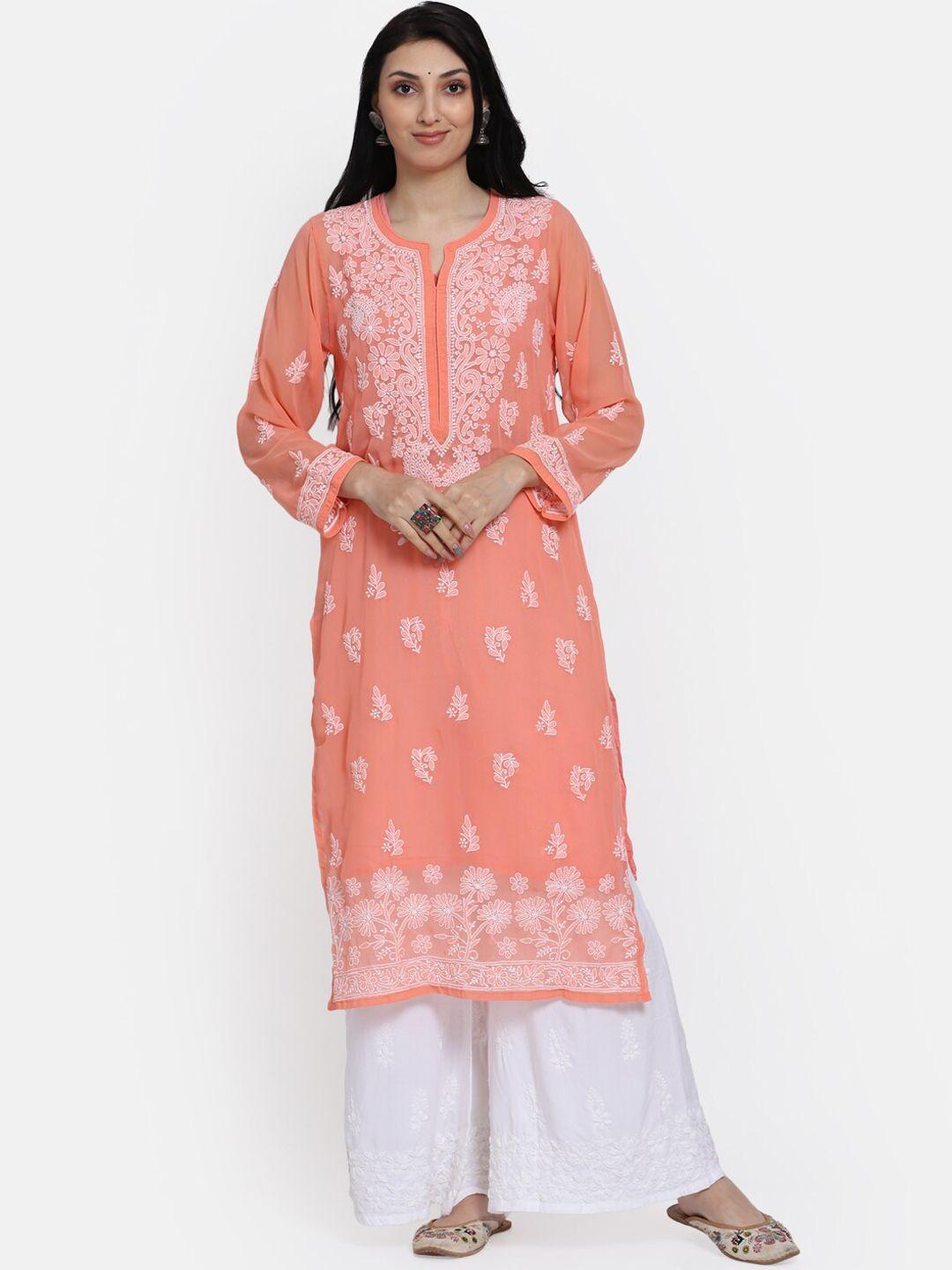 paramount chikan women peach-coloured & white floral printed chikankari floral georgette kurta