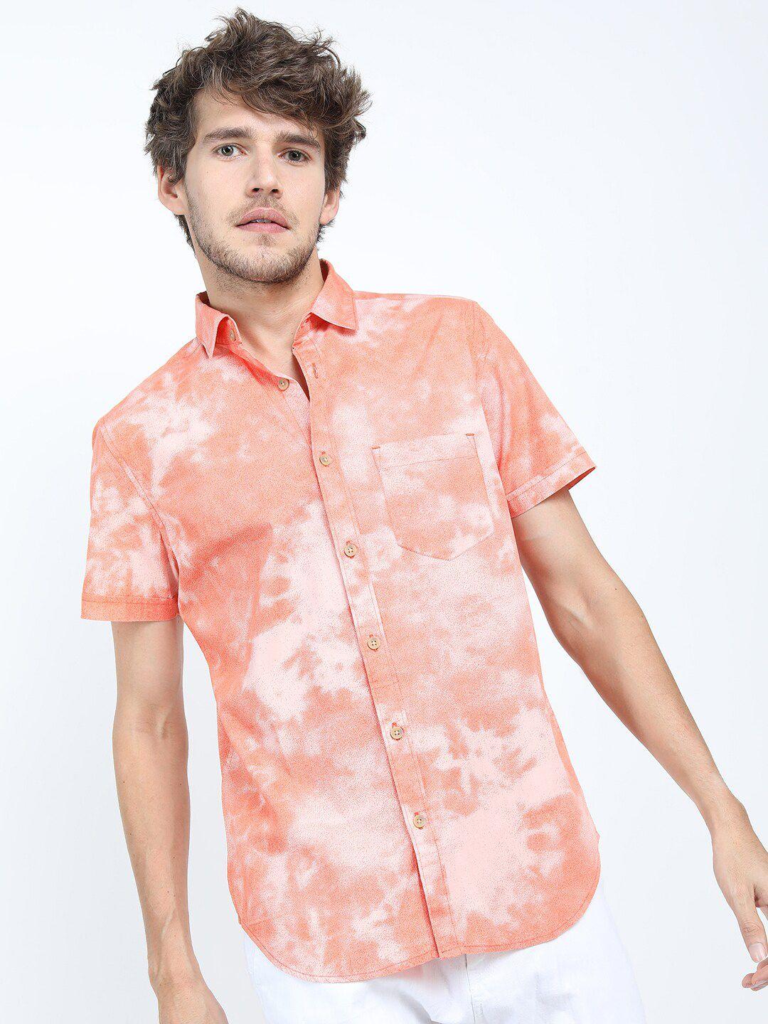 highlander men orange & white abstract printed slim fit casual cotton shirt