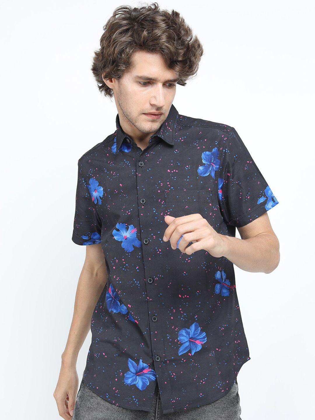 locomotive men black slim fit printed casual shirt