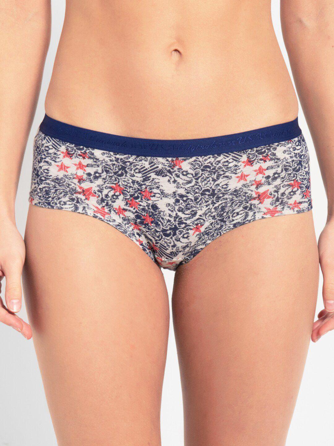 jockey women cream melange & blue printed boyshort briefs