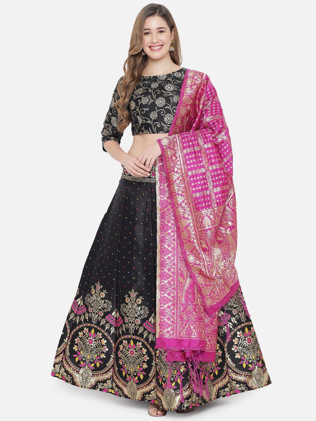 divastri black & pink printed ready to wear lehenga & unstitched blouse with dupatta