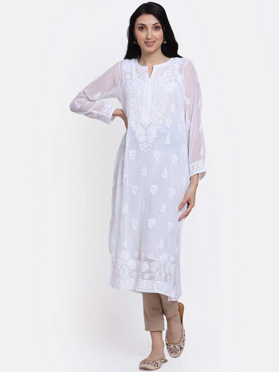 paramount chikan women white hand embroidered chikankari floral georgette kurta