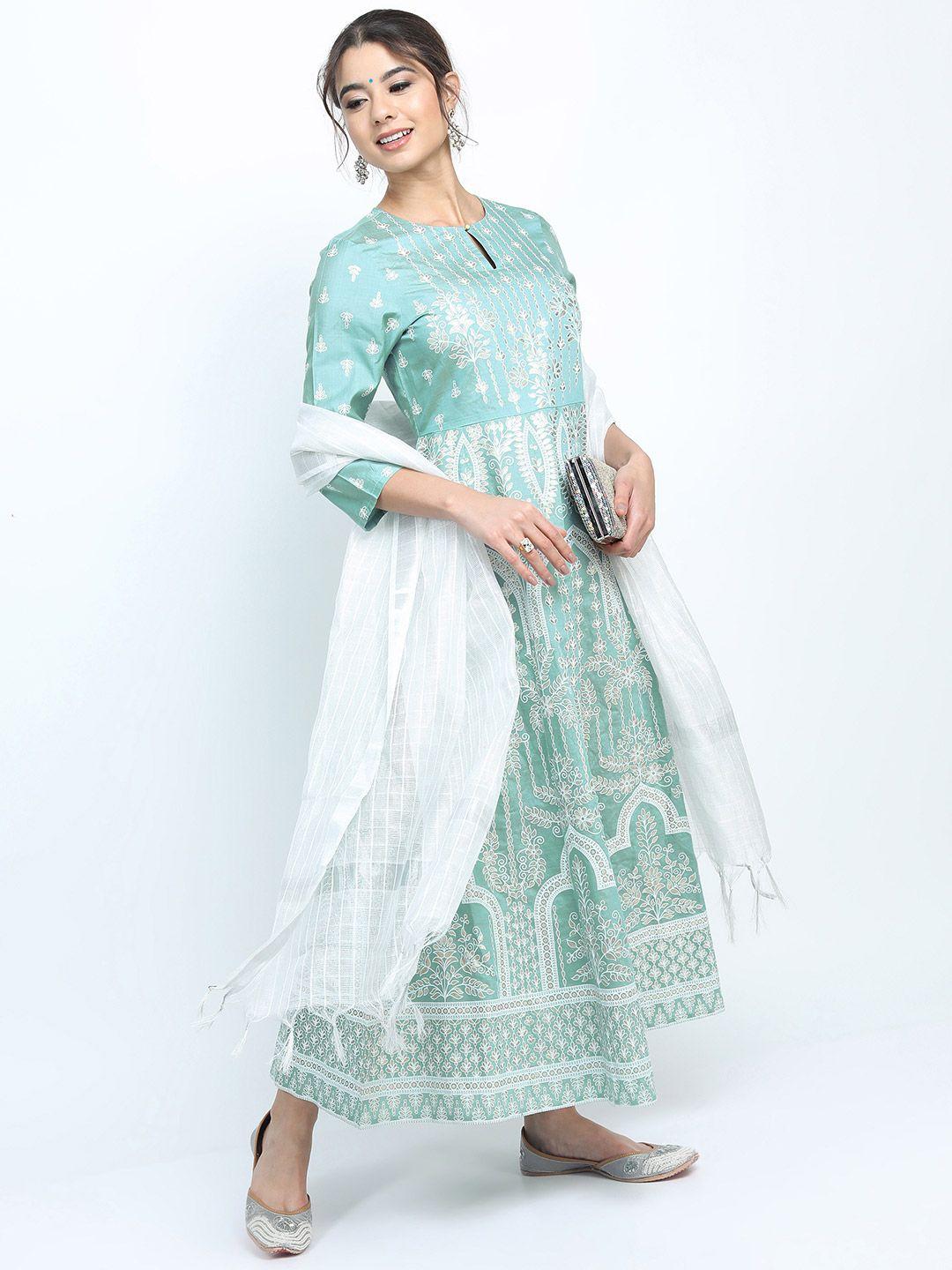 vishudh sea green & white ethnic motifs keyhole neck a-line dress