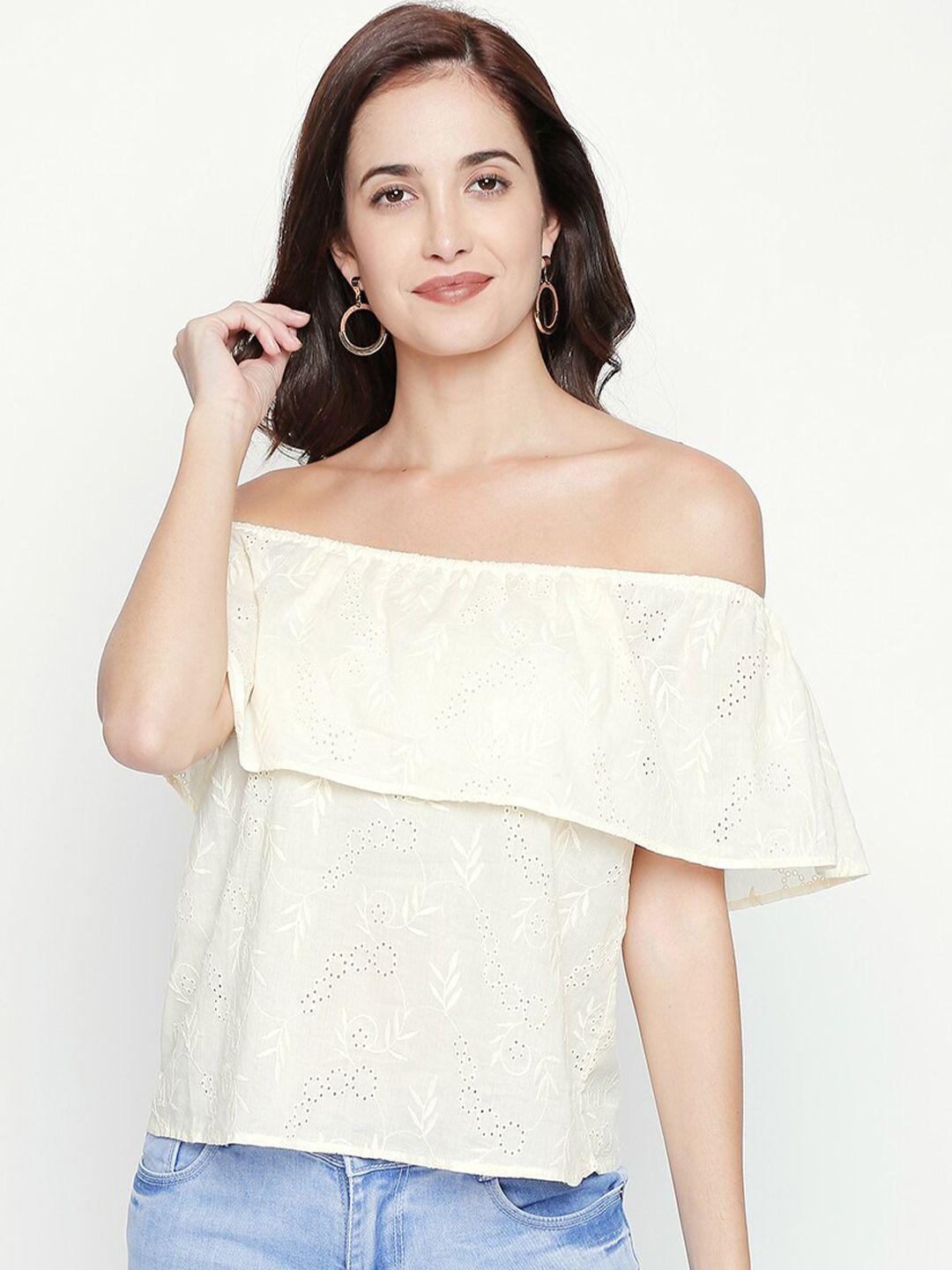 aaliya white embroidered off-shoulder ruffles bardot top