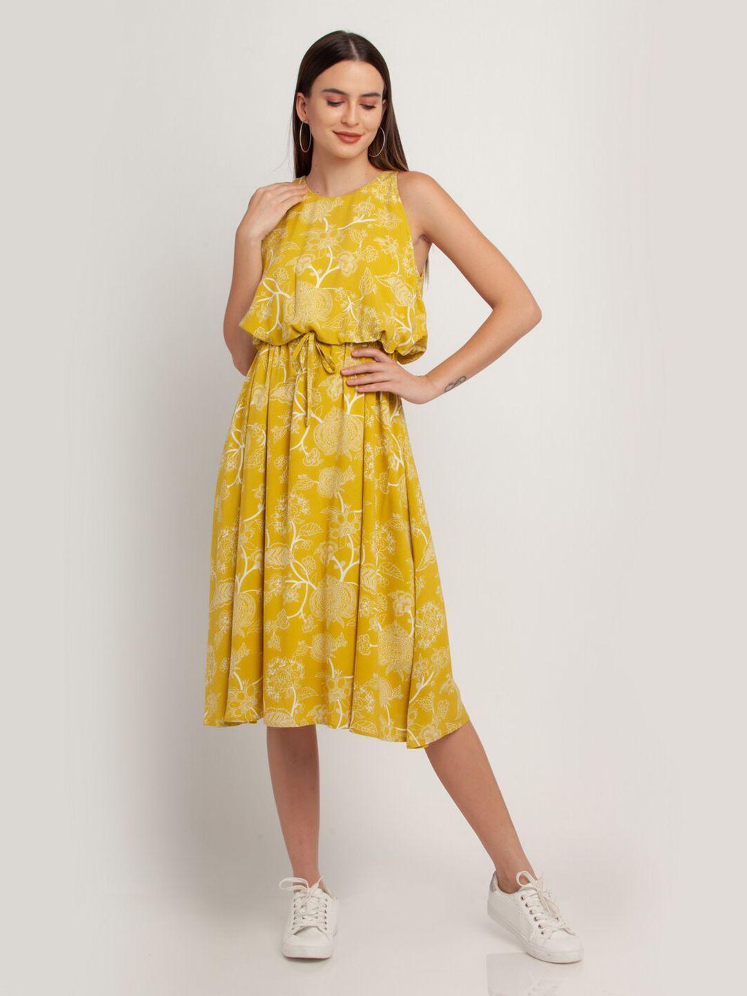 zink london women mustard yellow floral printed balloon midi dress