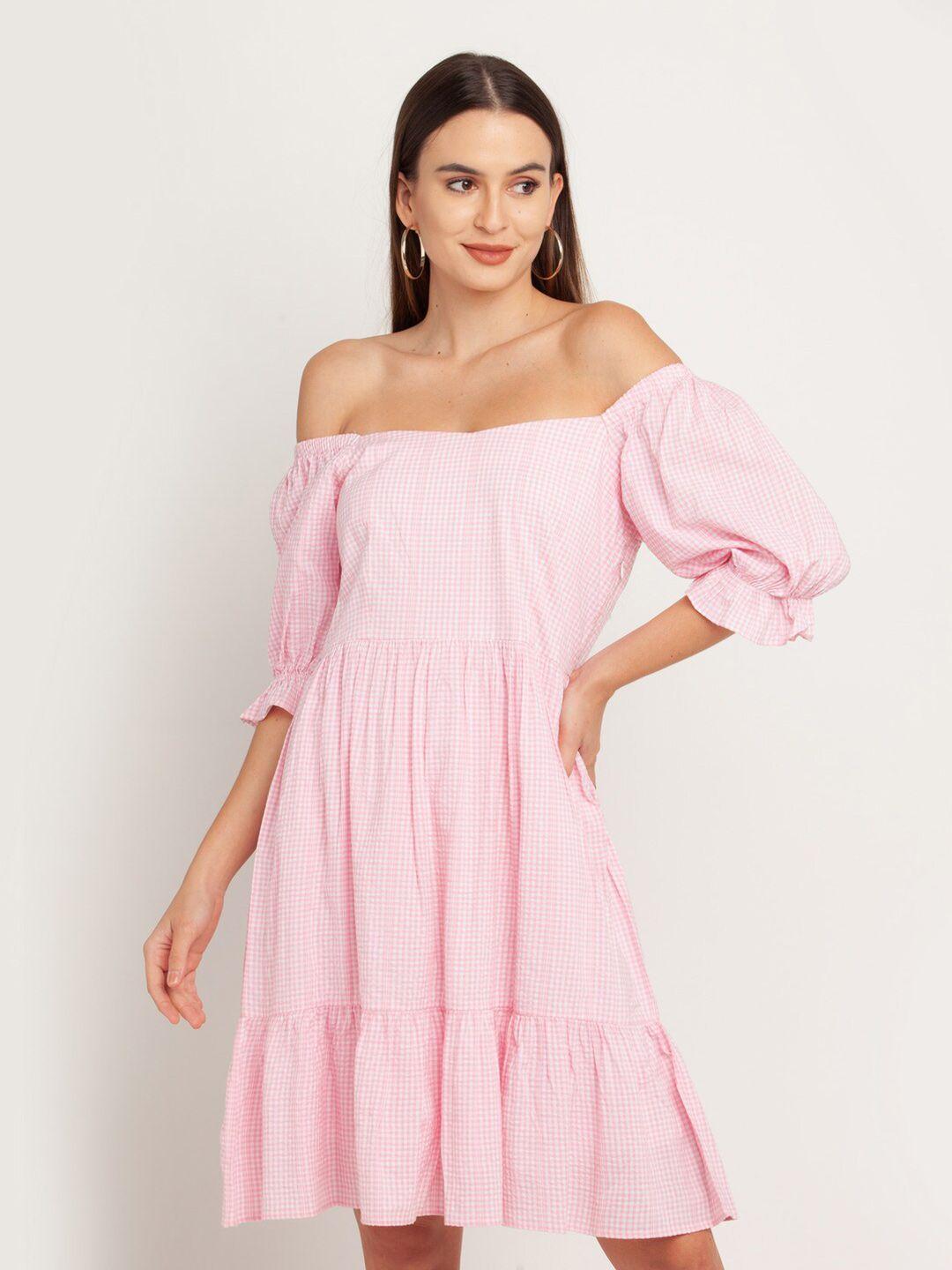 zink london pink checked off-shoulder pure cotton dress